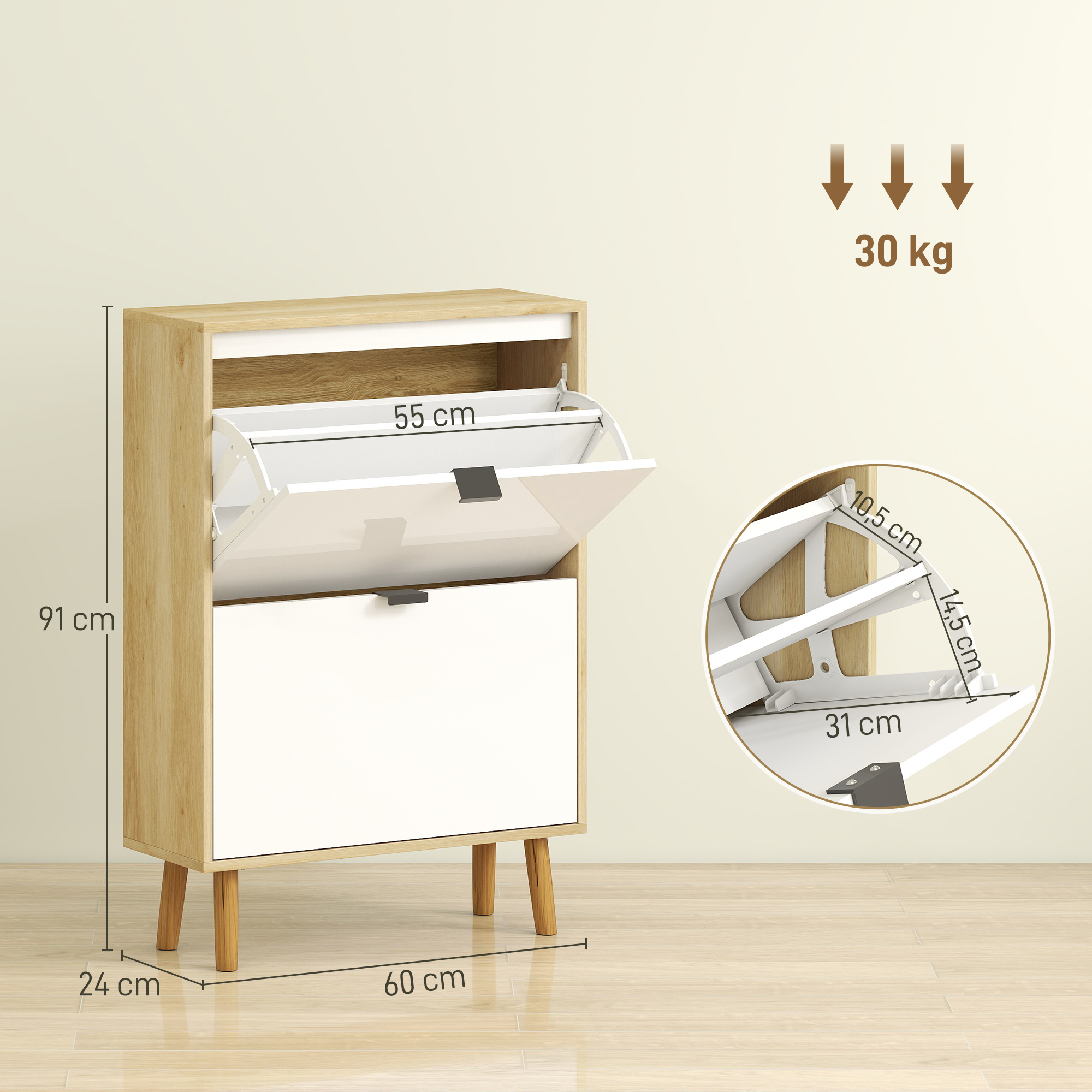 Un estrecho mueble de madera con puertas abatibles y cajones blancos. Se muestran las dimensiones.
