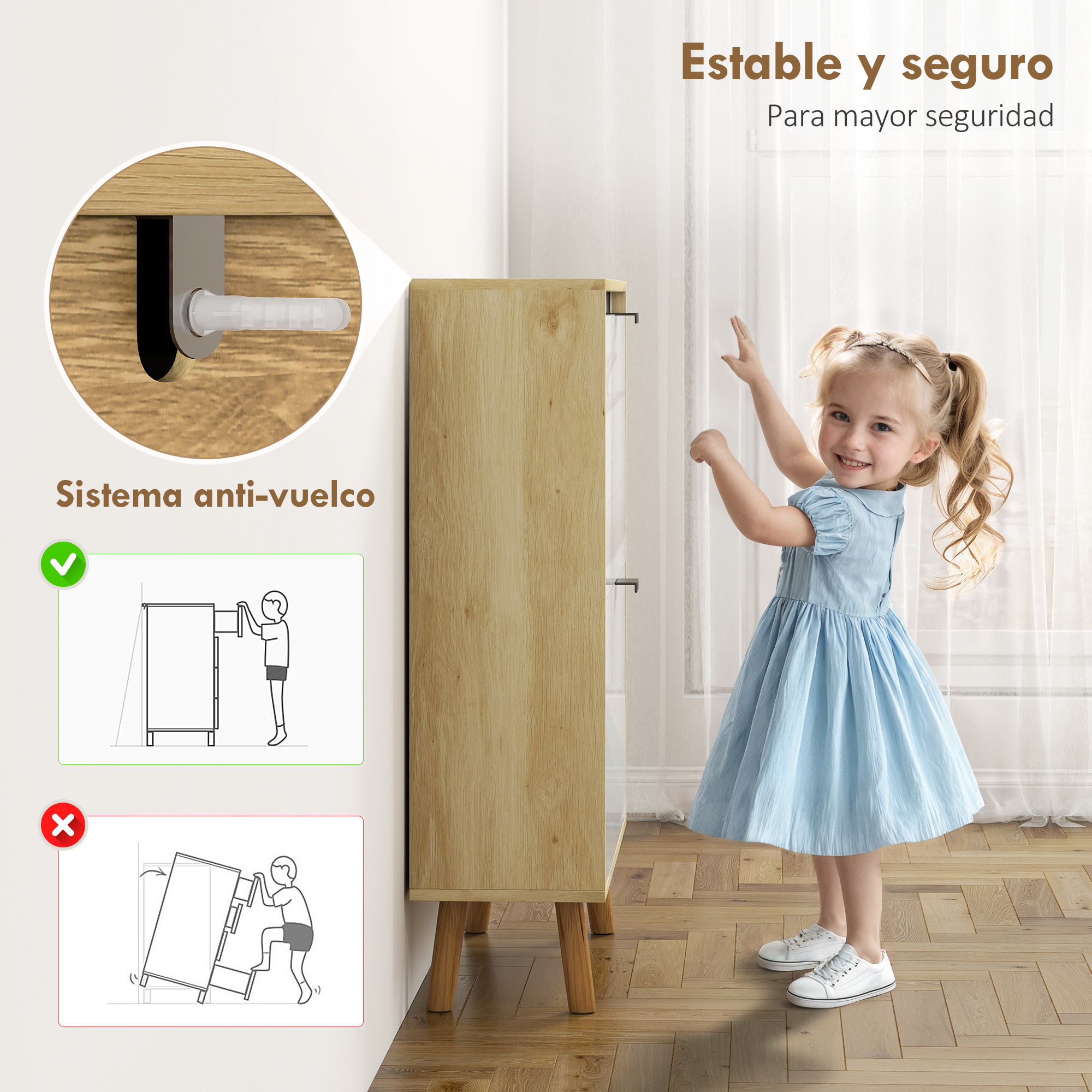 Una niña con vestido azul junto a un mueble de madera con sistema antivuelco.