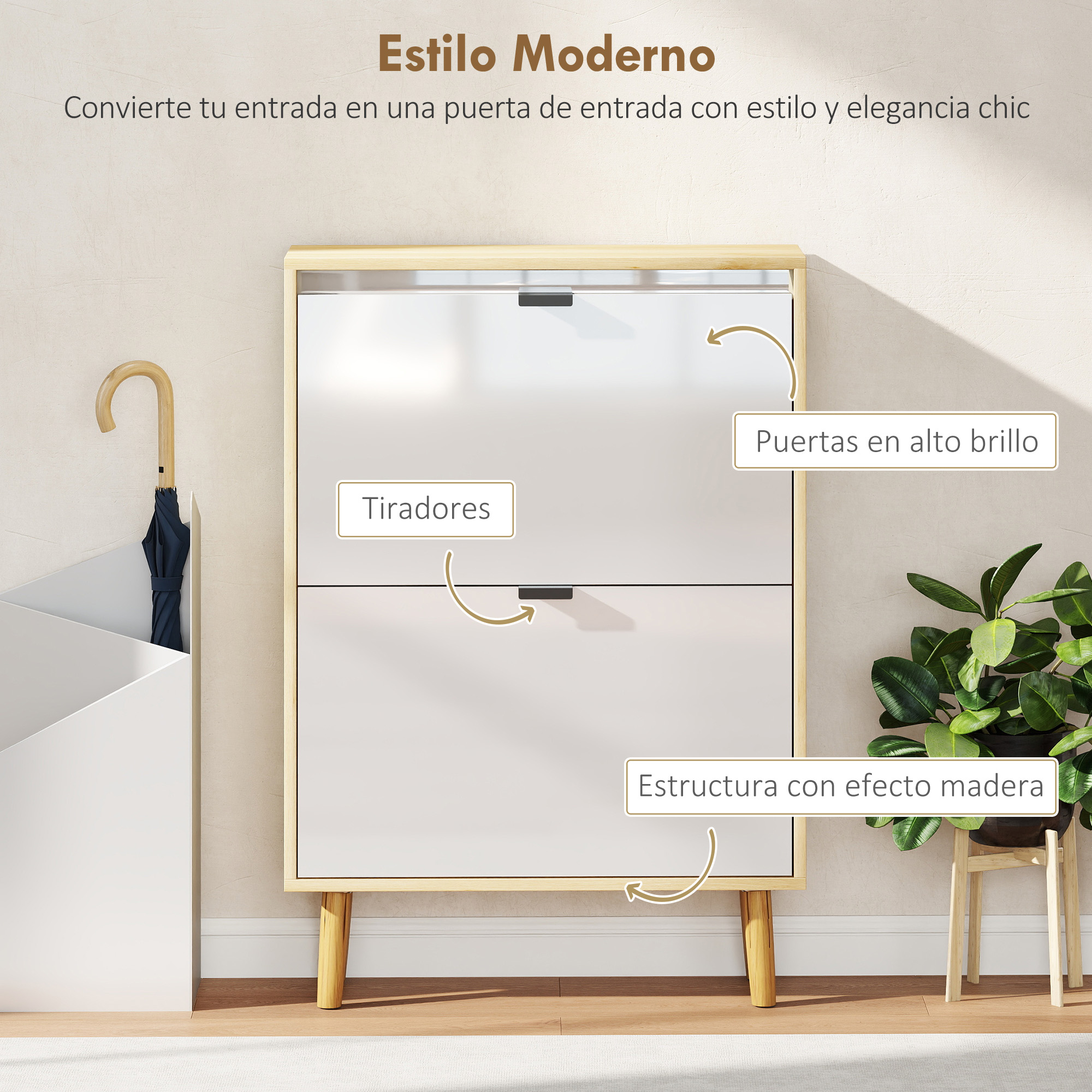 Zapatero moderno con marco de madera, puertas de alto brillo y paraguas al lado.
