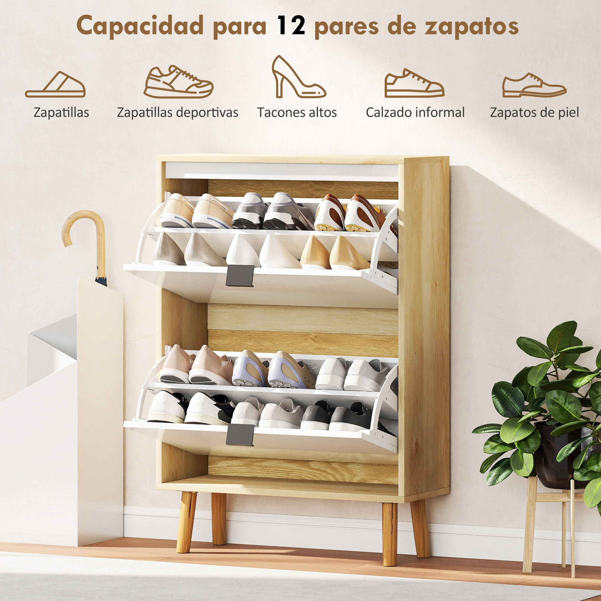 Zapatero de madera clara con cuatro estantes y varios zapatos.