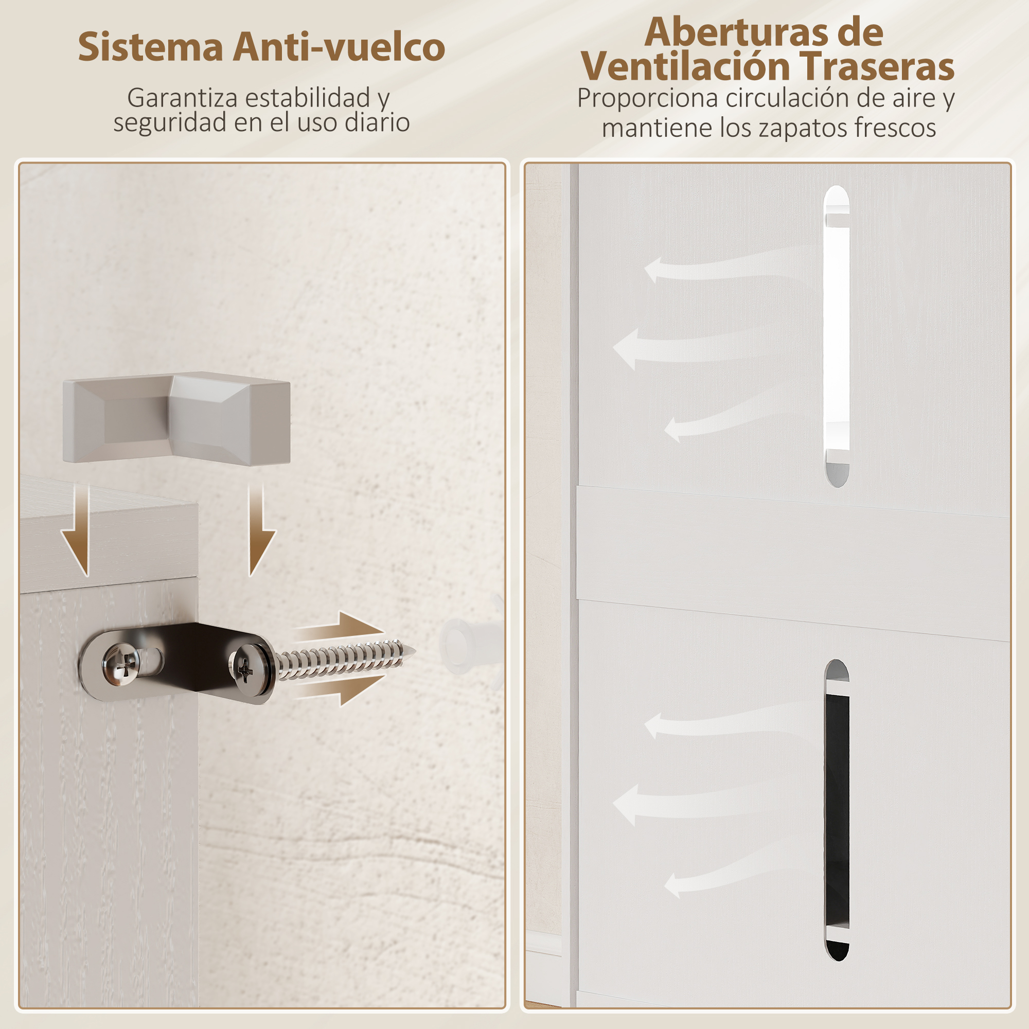 Sistema antivuelco y ranuras de ventilación muestran montaje y circulación.