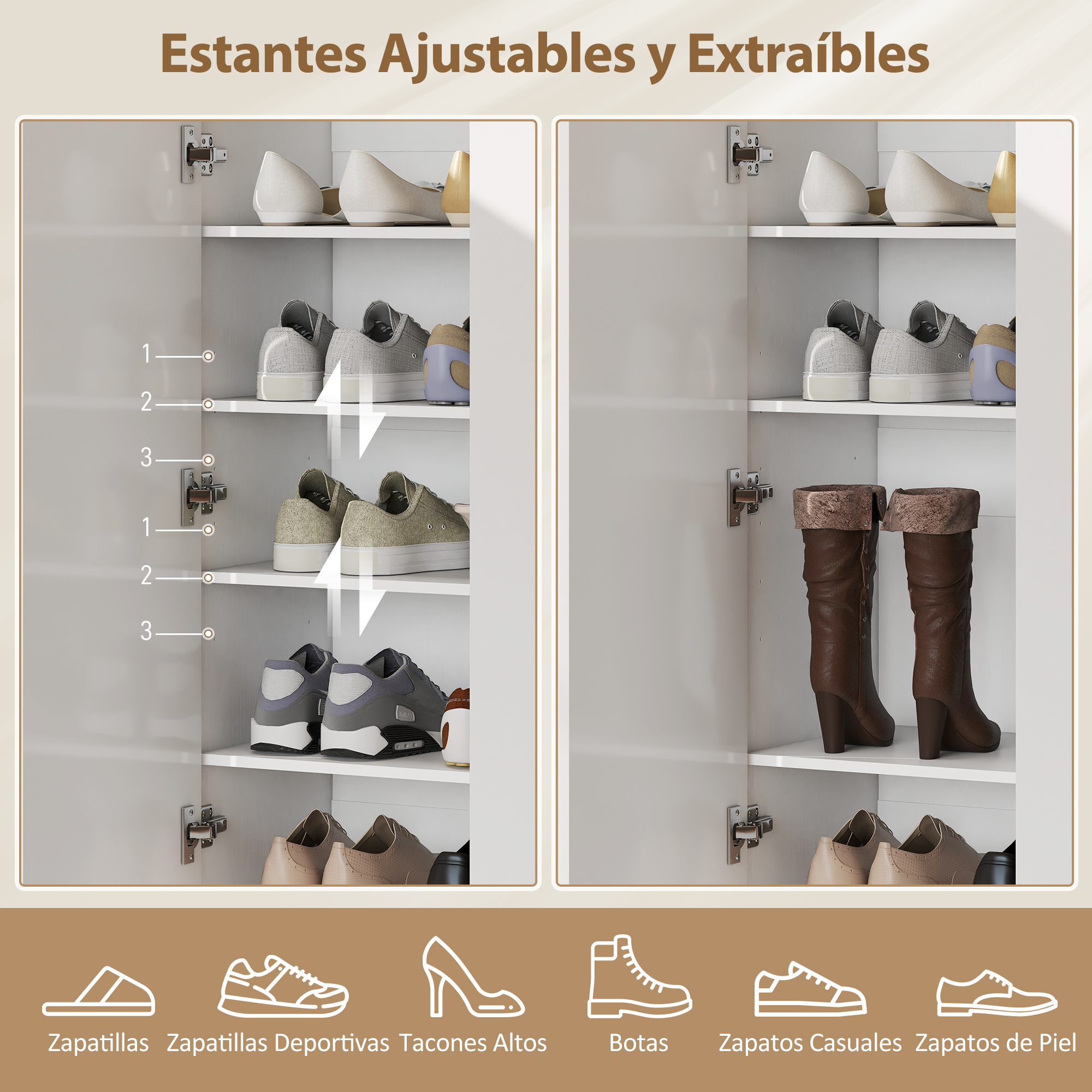Un zapatero con estantes ajustables y extraíbles, lleno de varios zapatos.