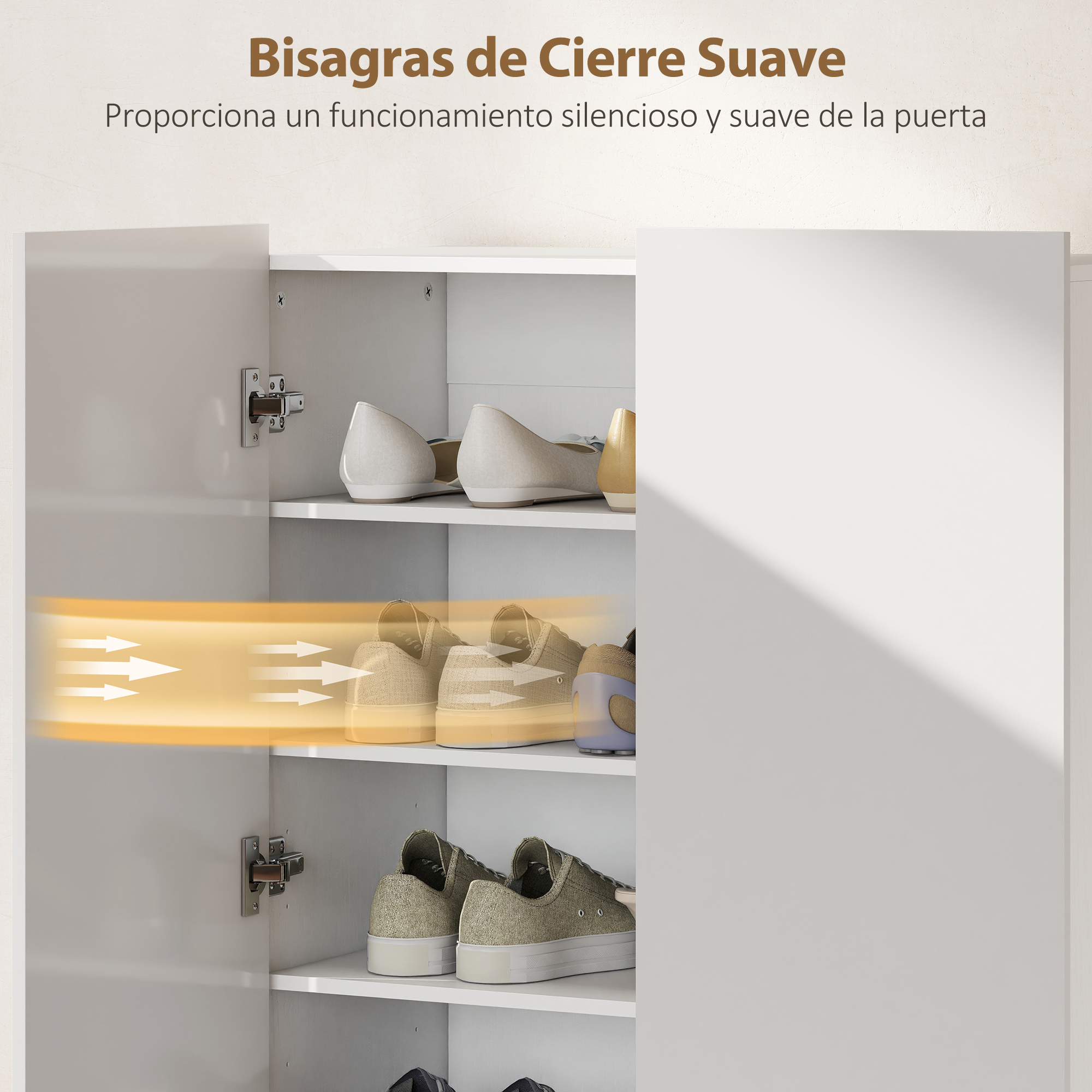 Un zapatero blanco con puertas abiertas, lleno de varios zapatos.