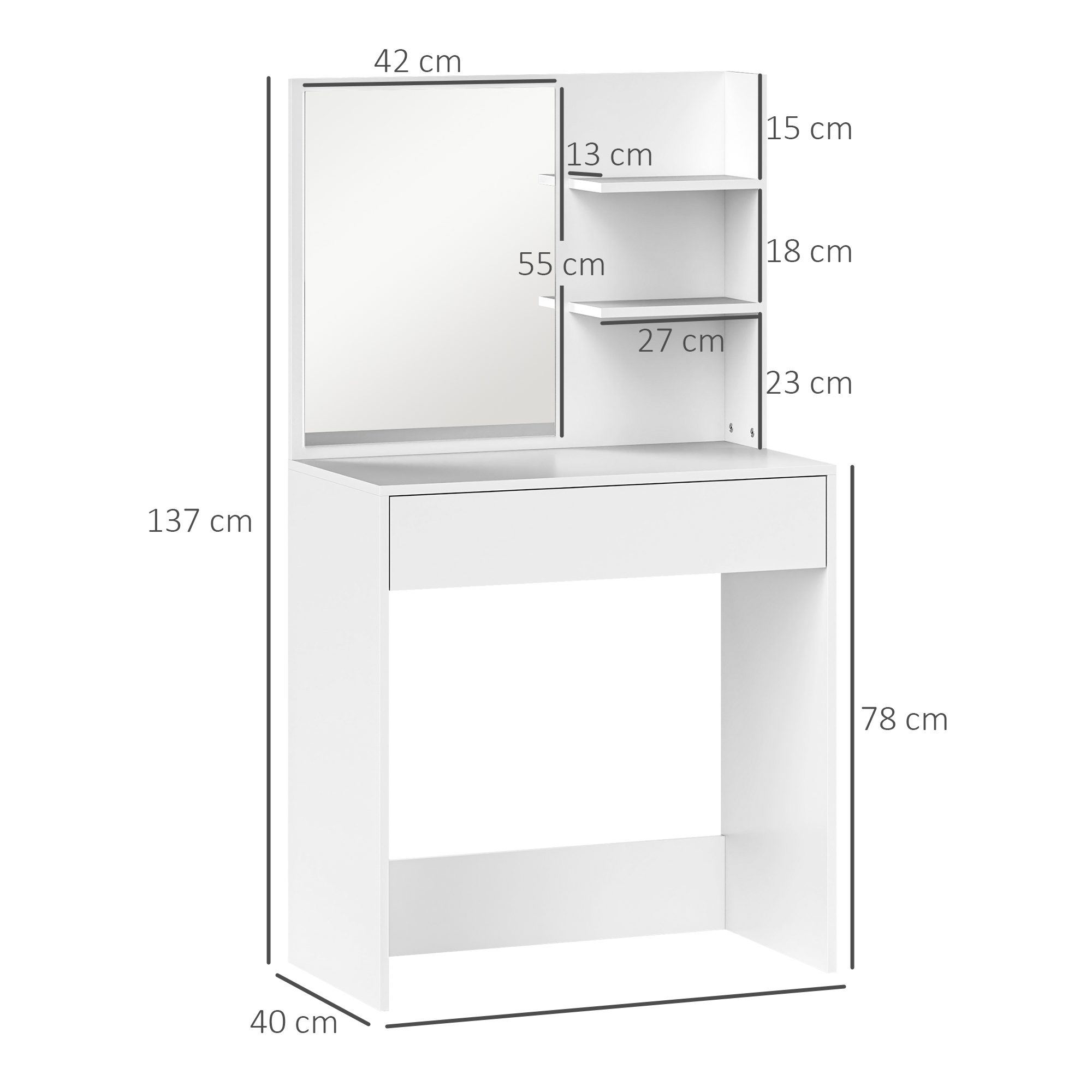 Comò bianco con specchio e mensole, dimensioni mostrate.
