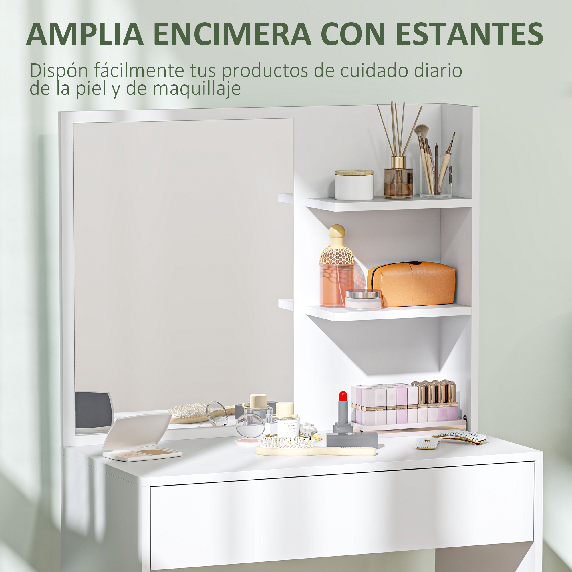 Tocador blanco con espejo, cepillos, lápices labiales y cosméticos.