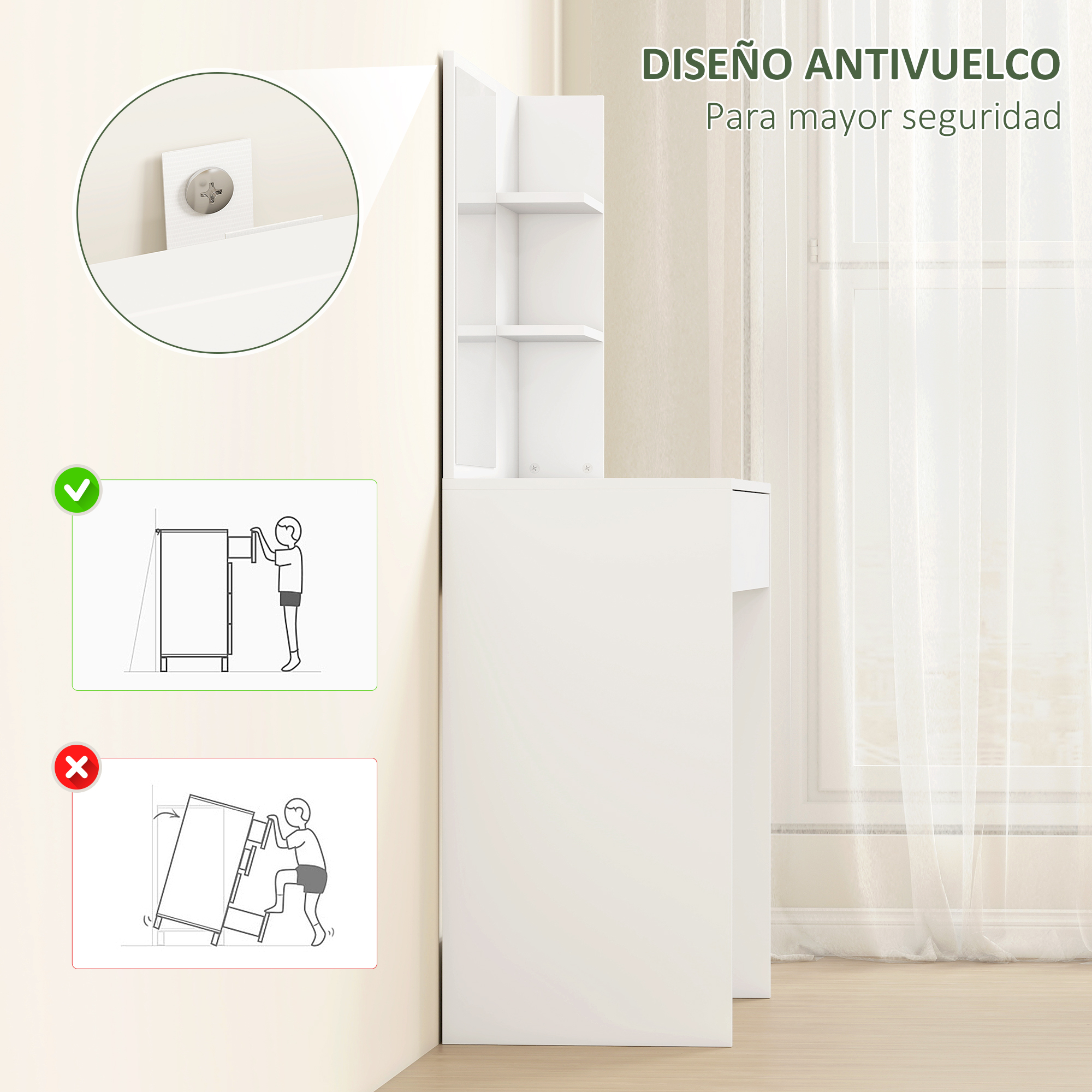 Estantería blanca con advertencia antivuelco y diagramas de instalación.