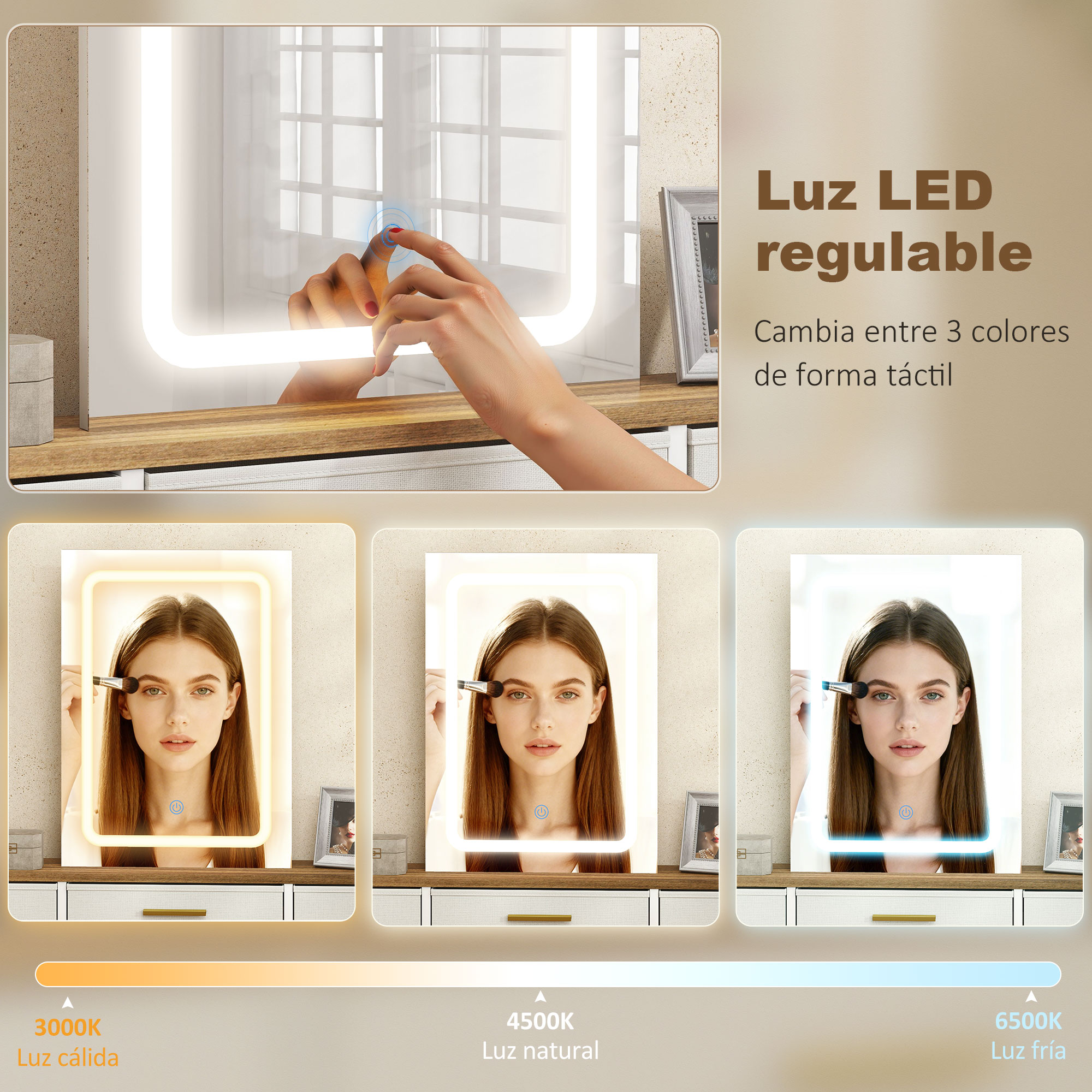 Un espejo con iluminación LED muestra tres colores de luz diferentes: cálida, natural y fría.