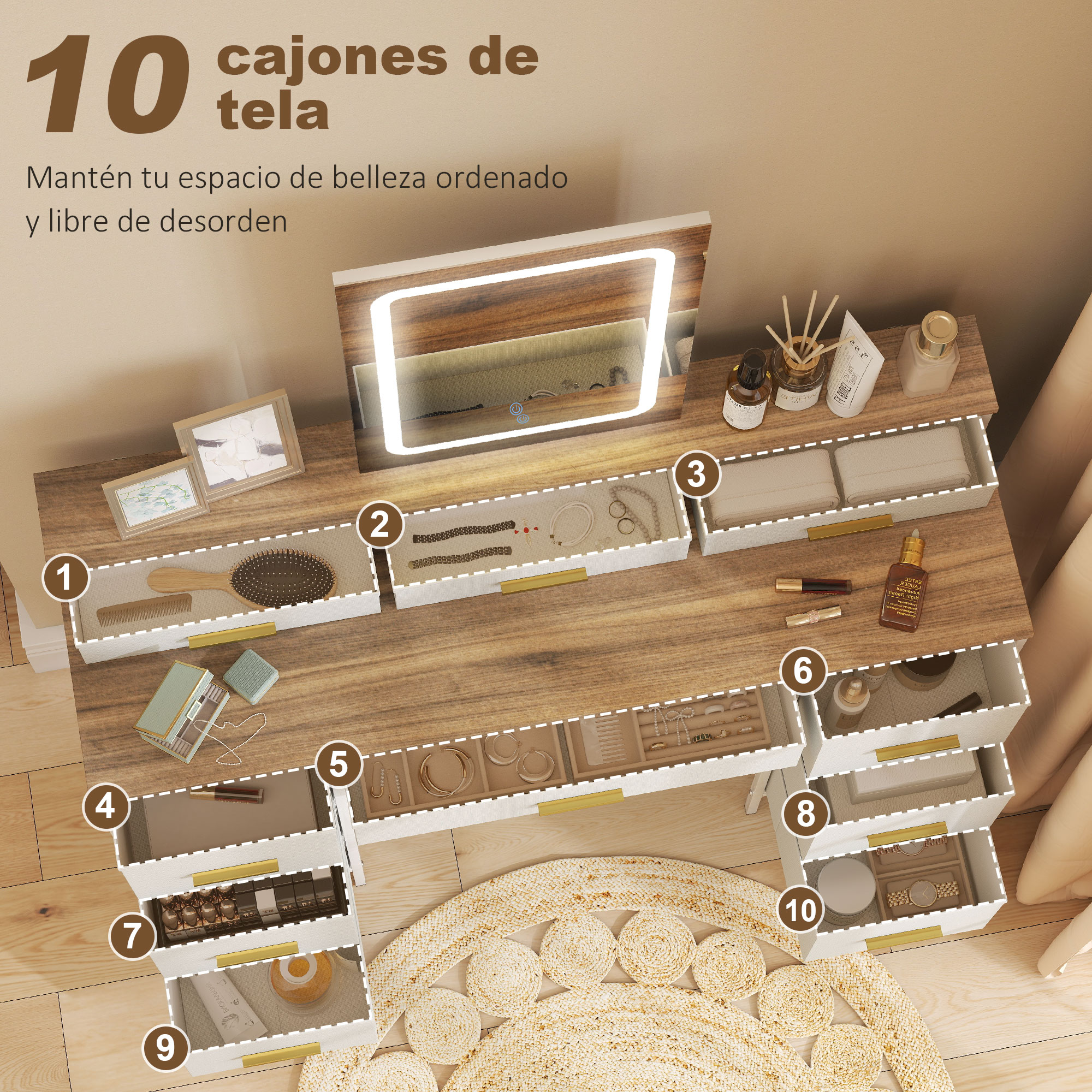 Tocador con 10 cajones, espejo iluminado, cosméticos y joyas.