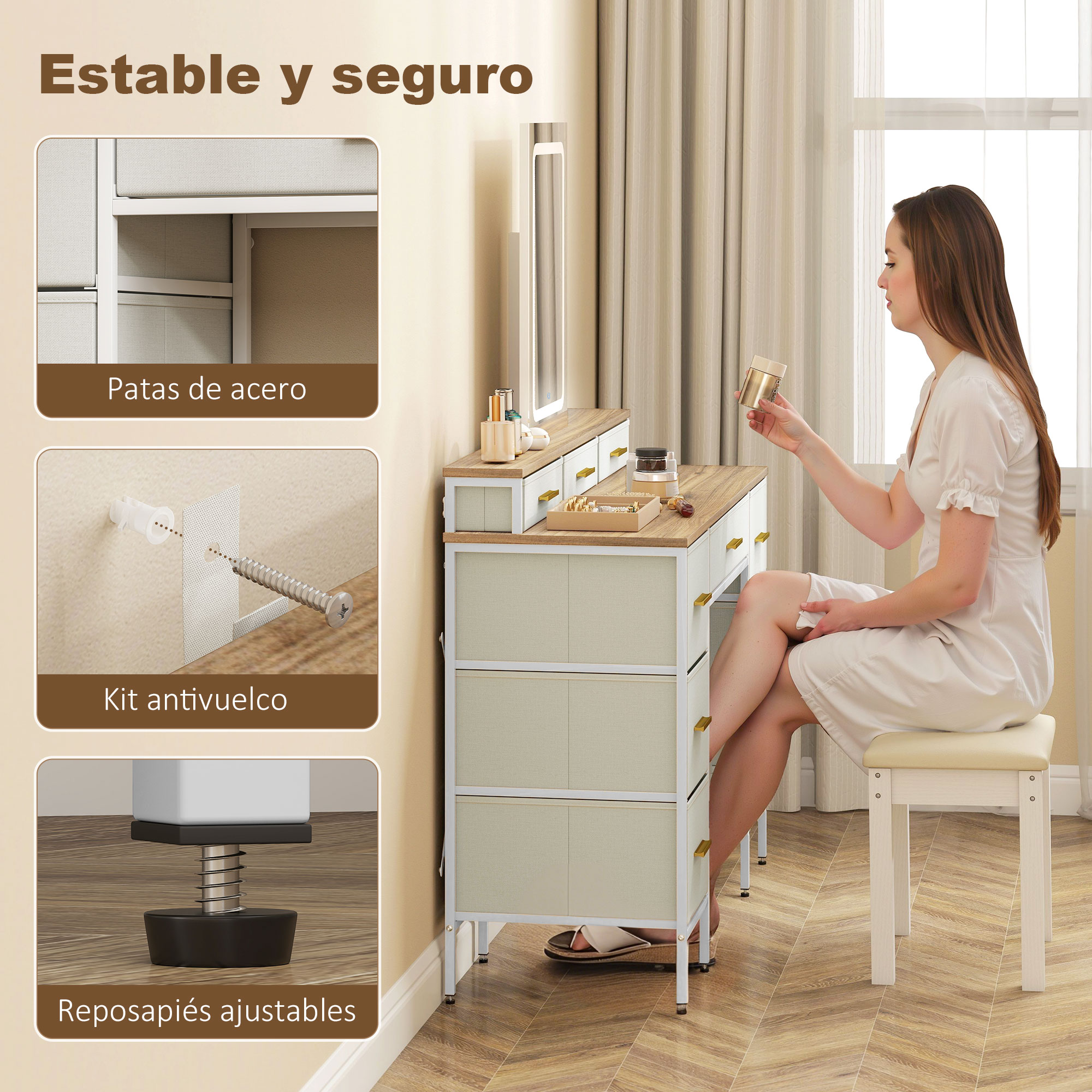 Una mujer sentada en un tocador con espejo y cosméticos, sosteniendo un frasco dorado.
