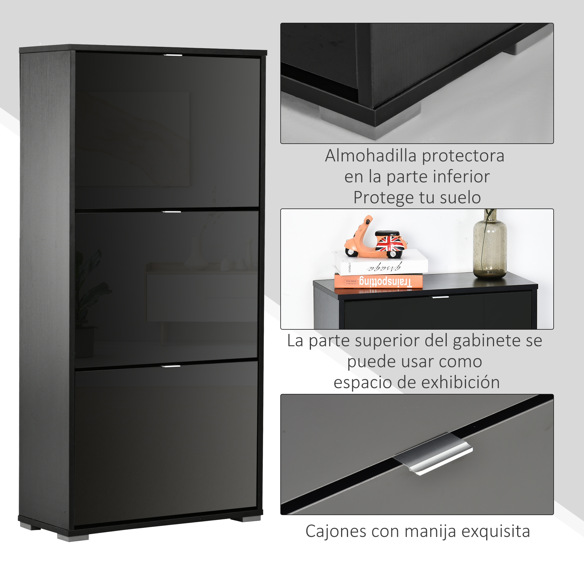 Gabinete negro de tres puertas, almohadillas protectoras abajo, área de exhibición arriba.