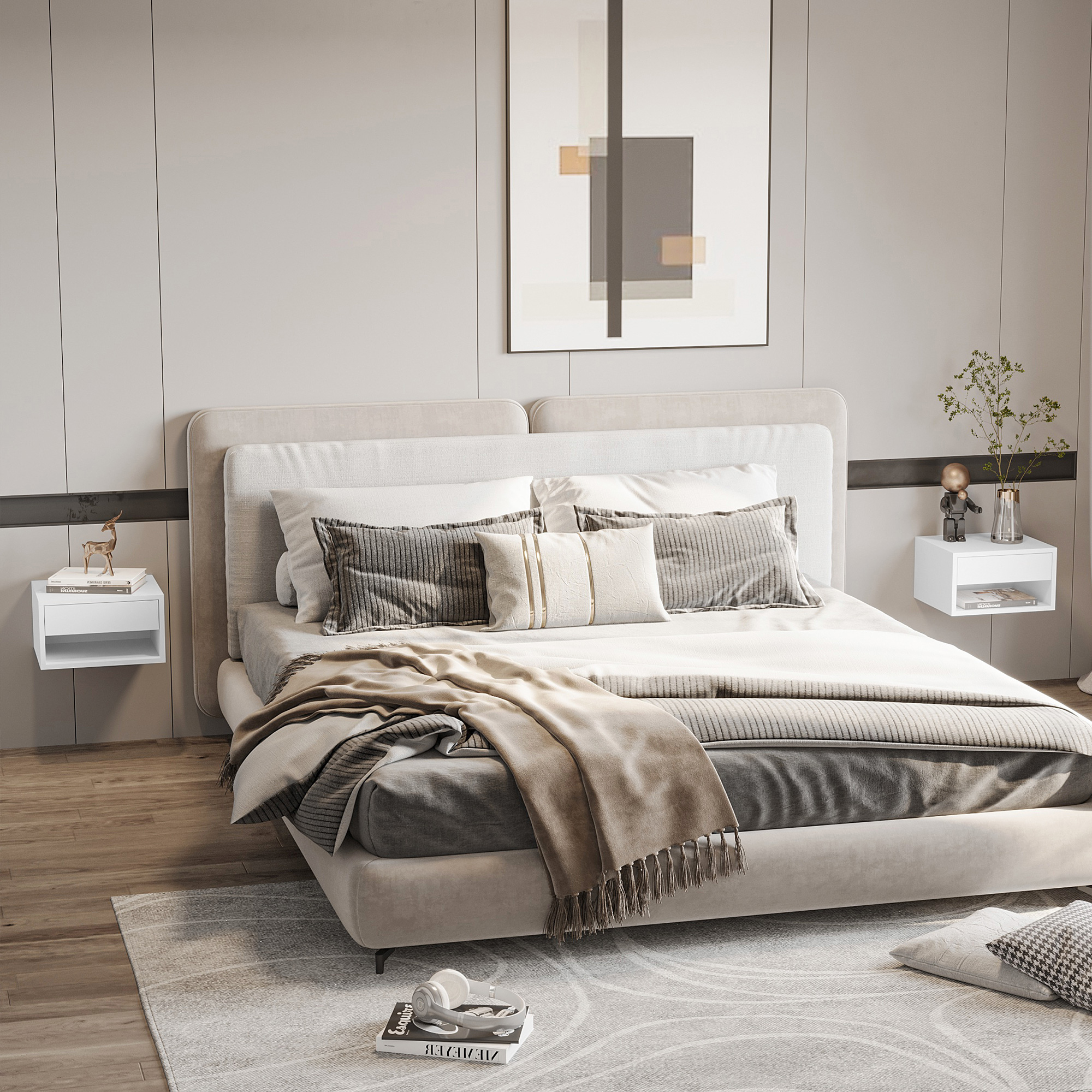 Dormitorio moderno con cama king, mesitas de noche y arte abstracto en la pared.