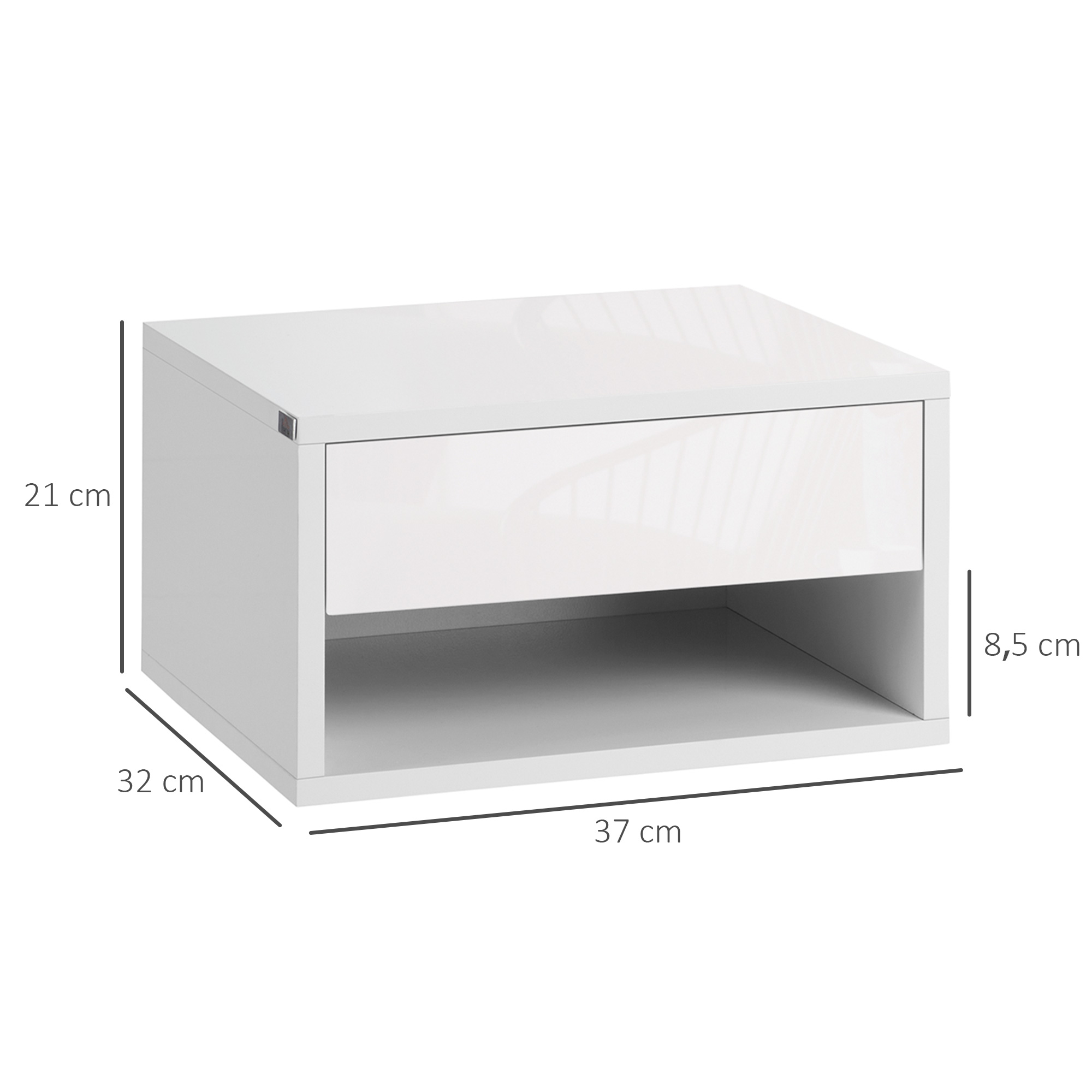 Mesita de noche blanca con cajón y estante abierto. Dimensiones: 37x32x21 cm.
