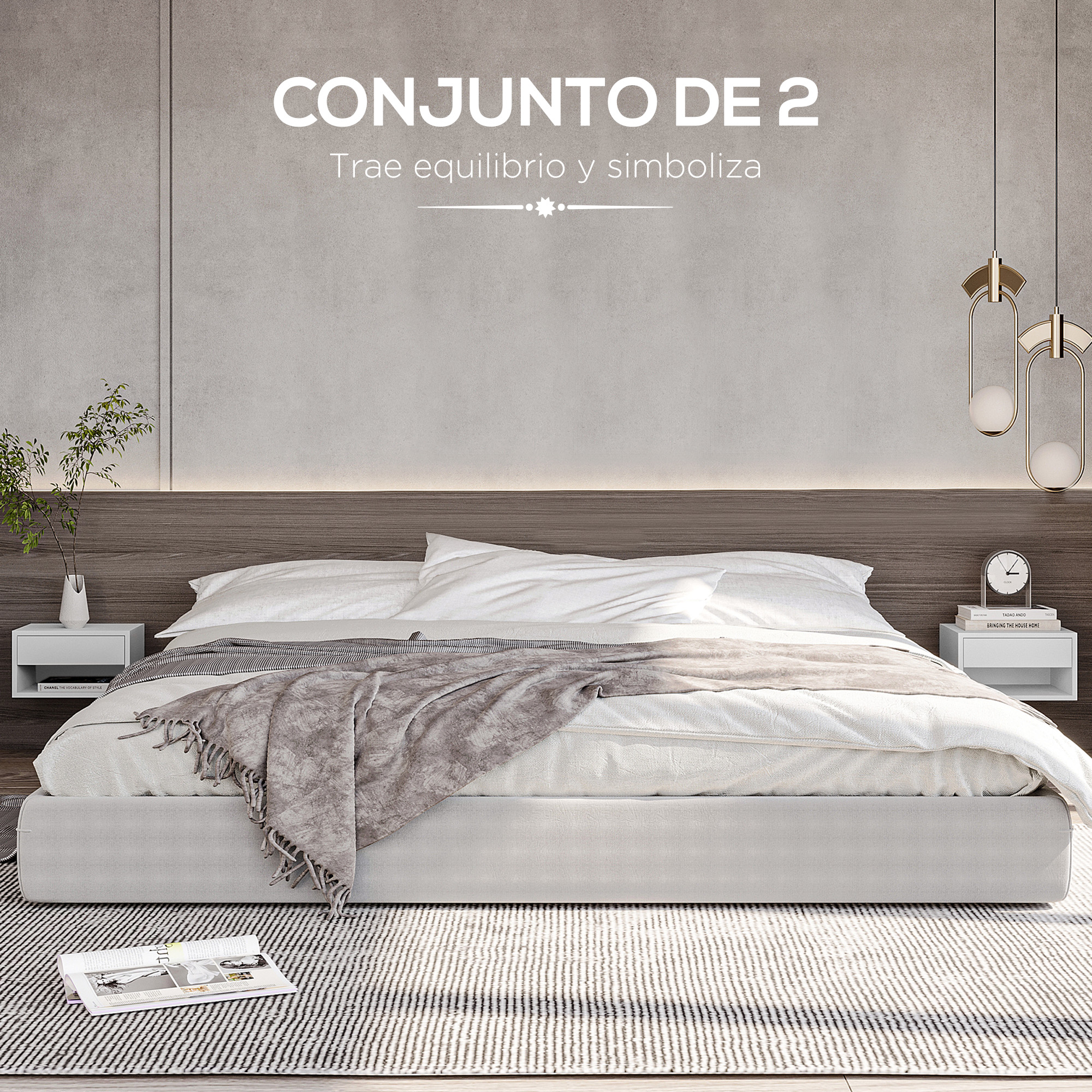 Dormitorio moderno con cama grande, mesitas de noche y lámparas colgantes.