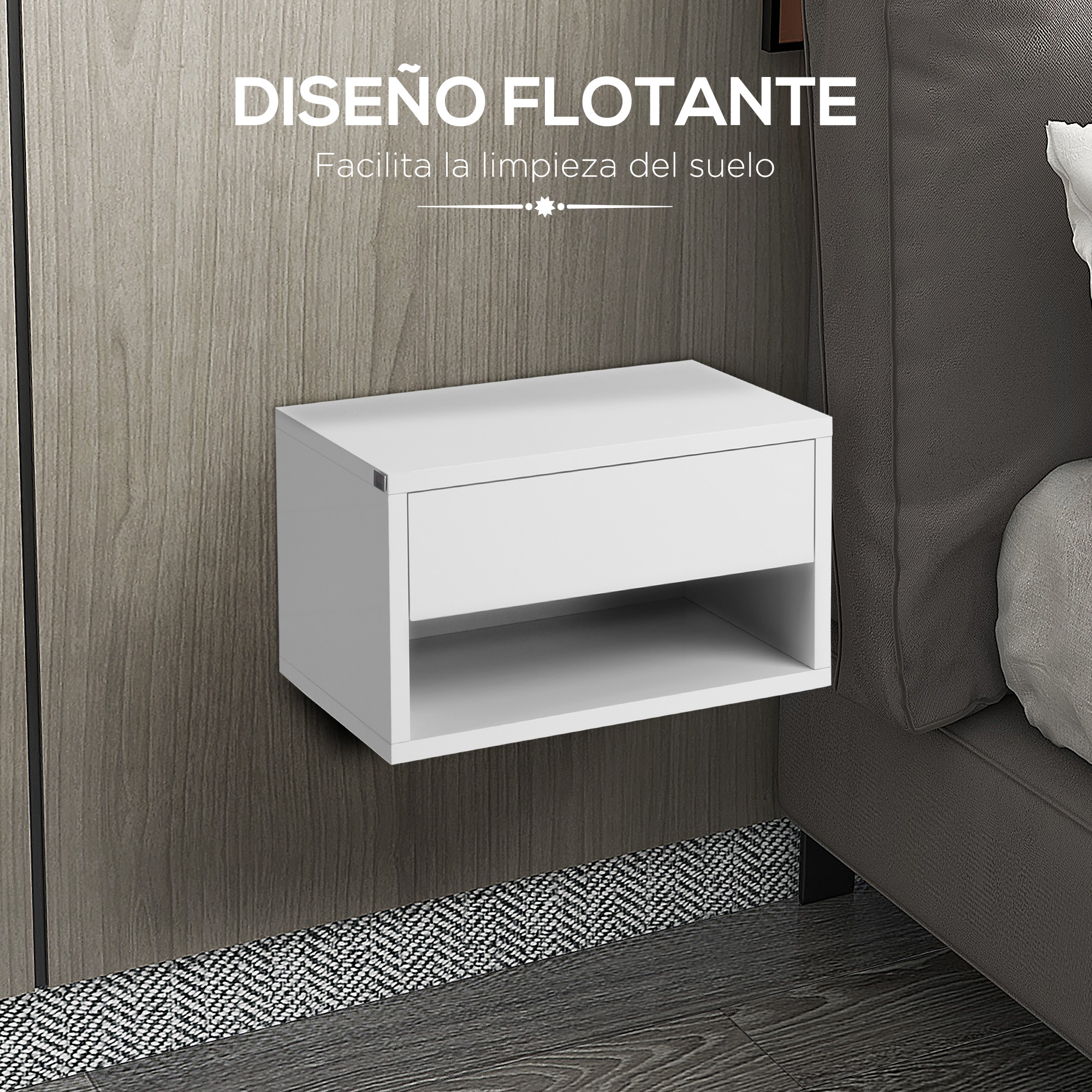 Una mesita de noche flotante blanca con cajón está montada en pared de madera.