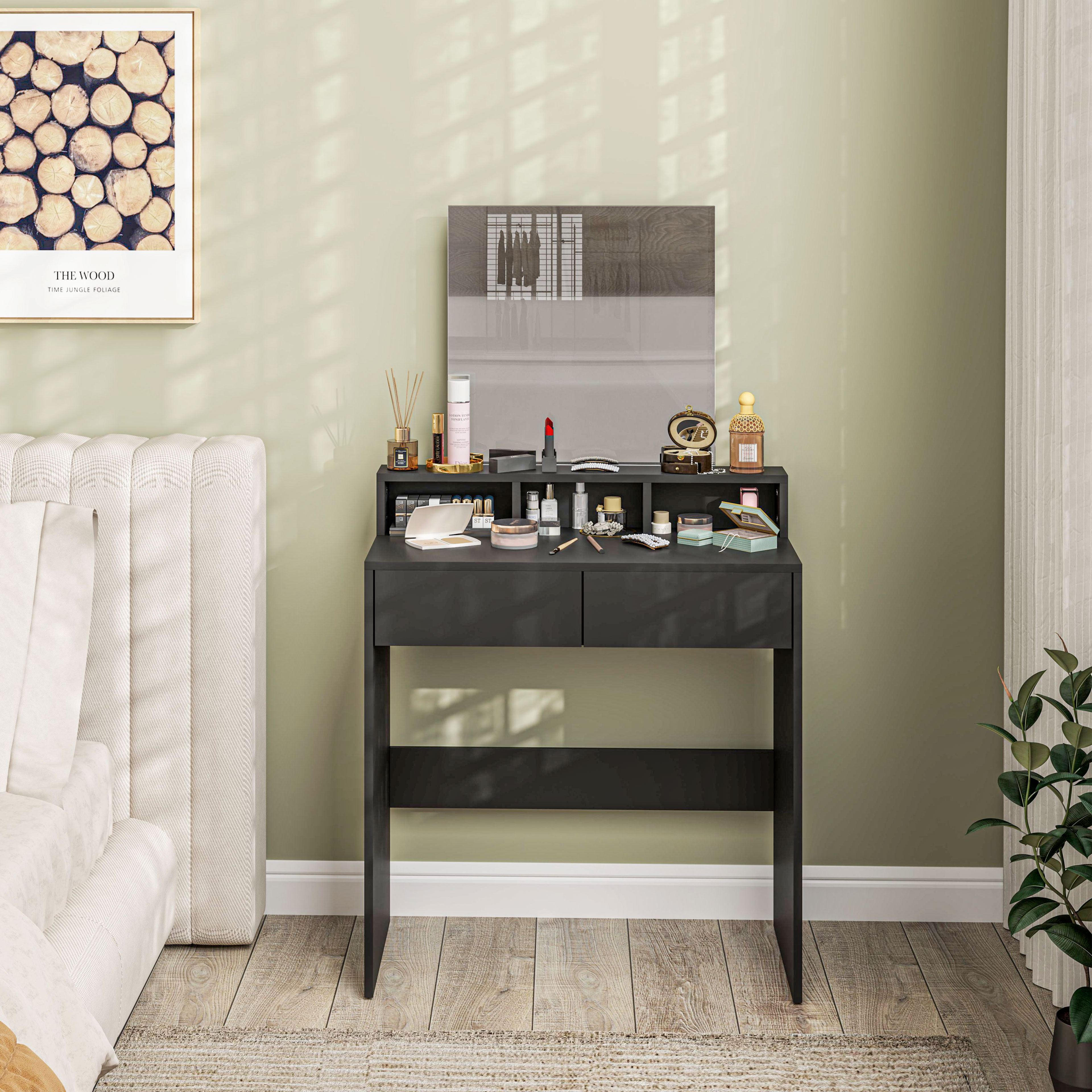 Tocador negro con espejo y cosméticos, junto a una cama y planta.