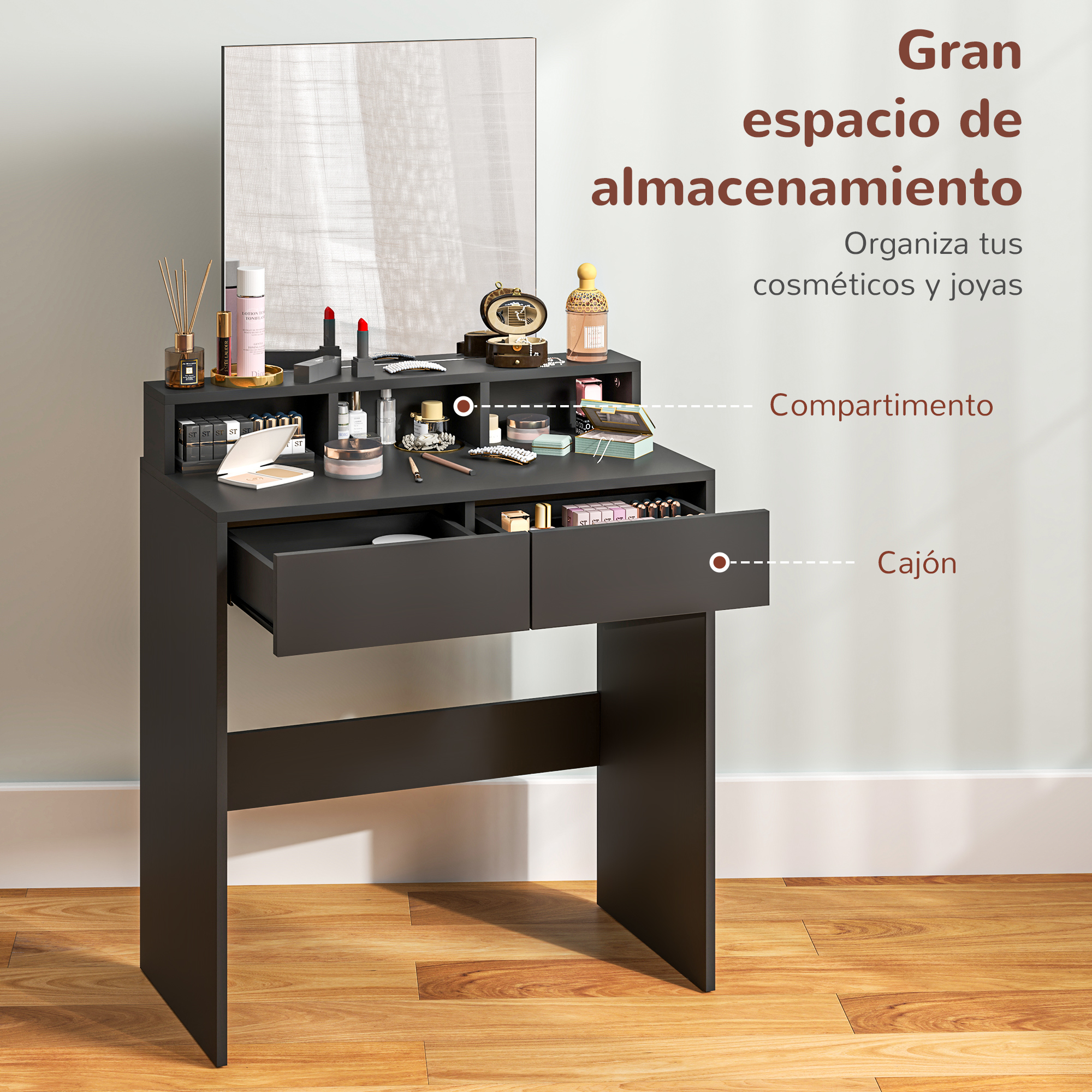 Un tocador oscuro con espejo, lleno de cosméticos y joyas.