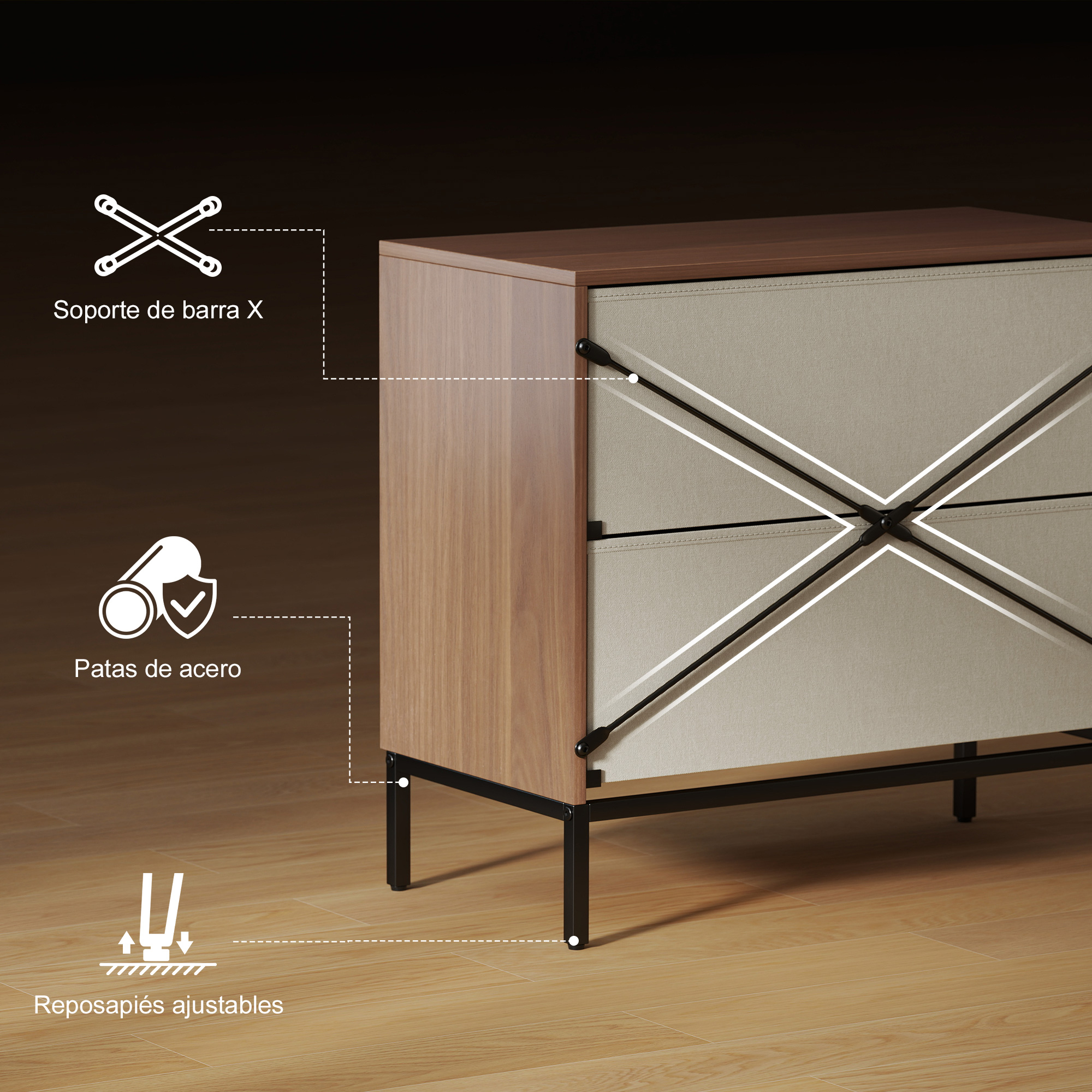 Cómoda de madera con cajones de tela, patas de metal negro y soporte en X.