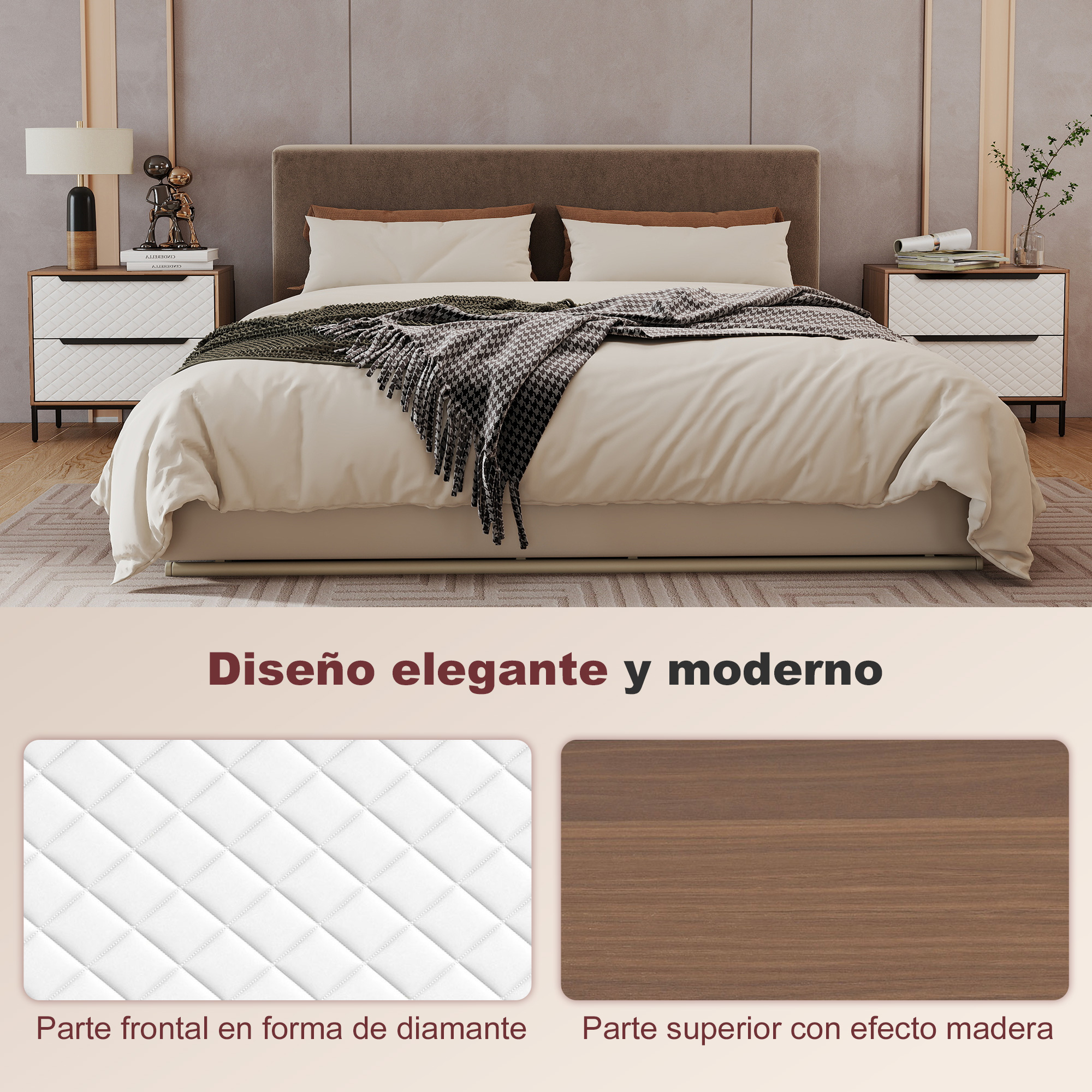 Un dormitorio elegante con cama, mesitas de noche y figuras decorativas.