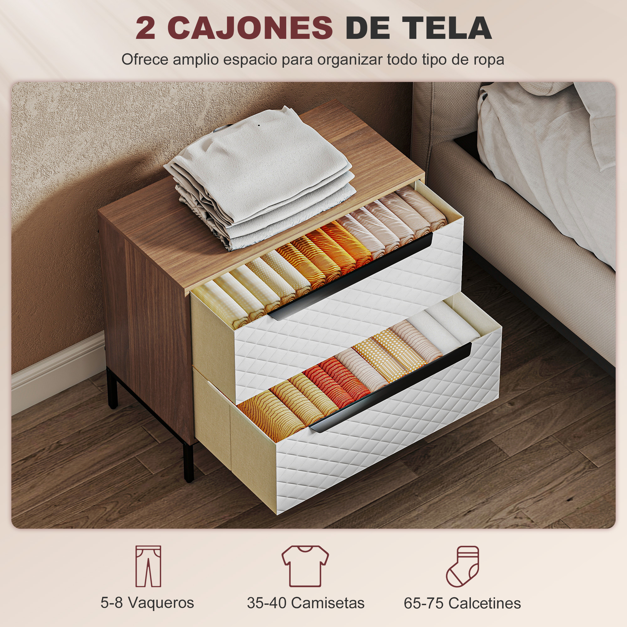 Mueble de madera con cajones abiertos llenos de ropa doblada en varios colores.