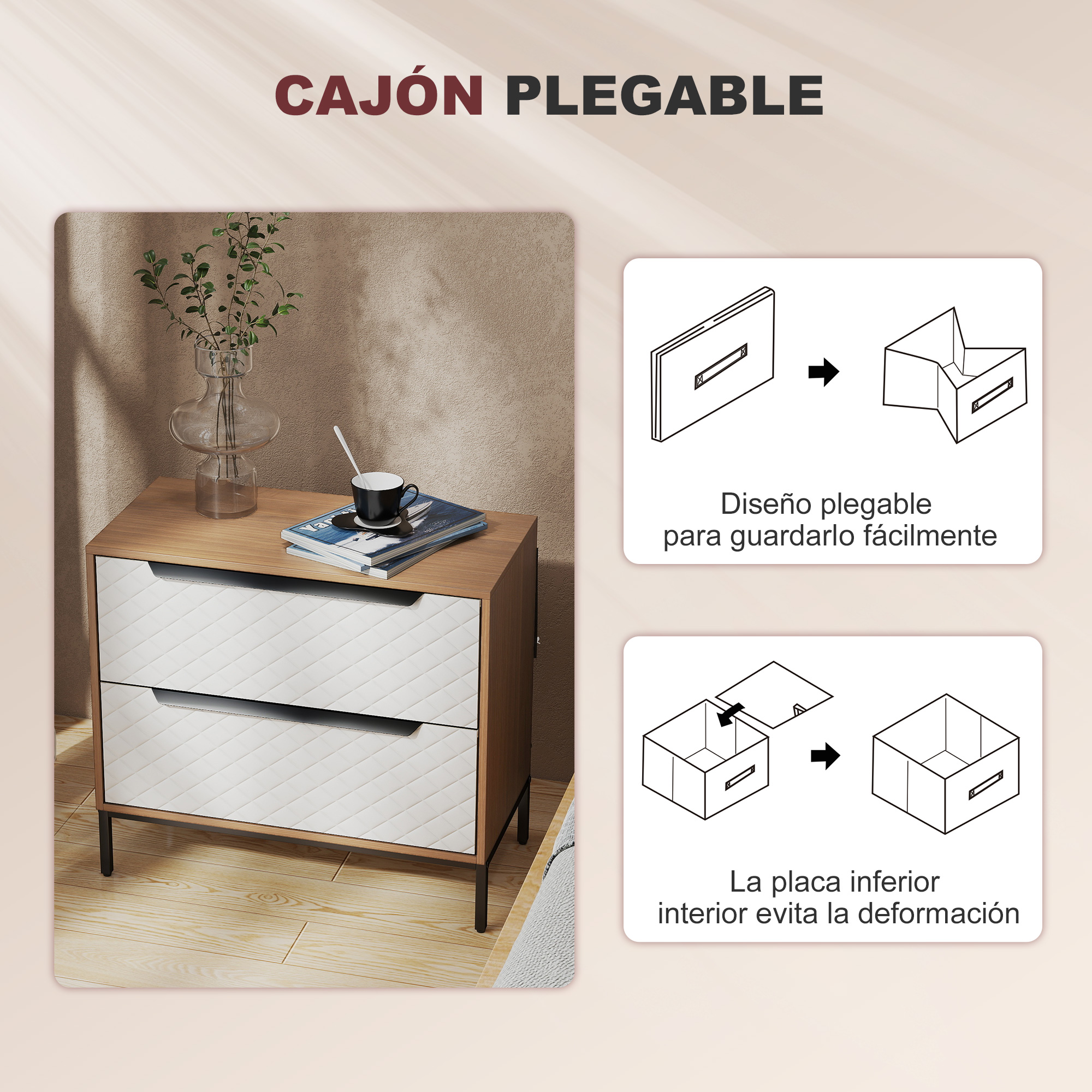 Una mesita de noche con dos cajones blancos acolchados y tapa de madera. Se muestran diagramas.