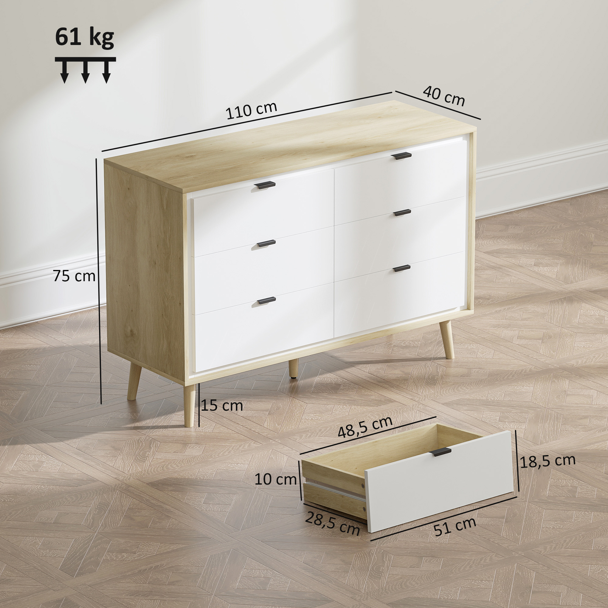 Cómoda de seis cajones, efecto madera y frentes blancos, con dimensiones.