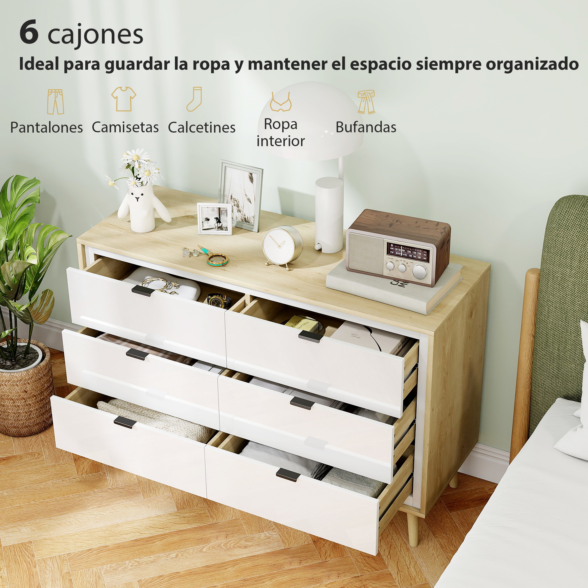 Una cómoda blanca con seis cajones llenos de ropa está sobre un suelo de madera.