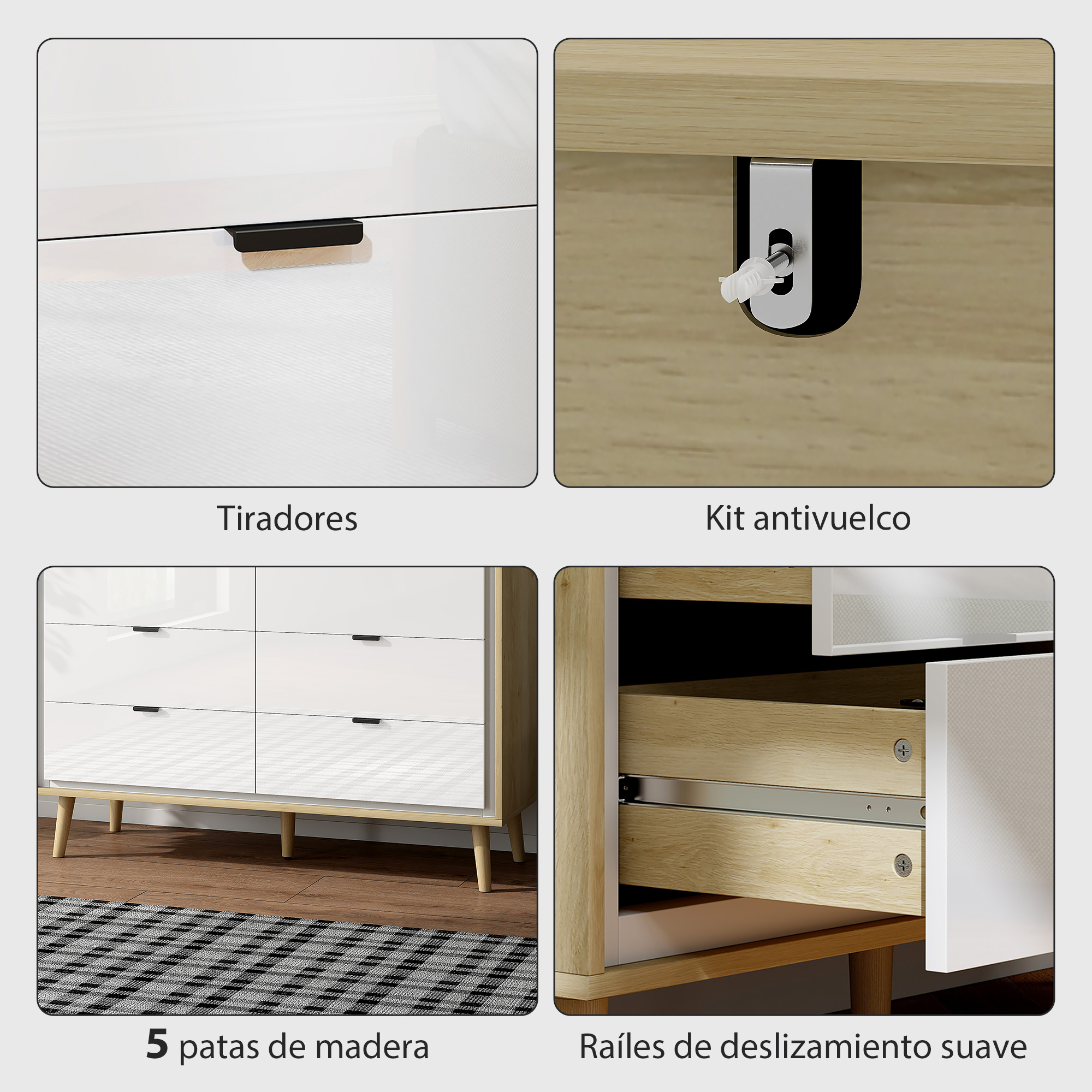 Cuatro imágenes muestran cajones, tiradores, un kit antivuelco, patas de madera y rieles.