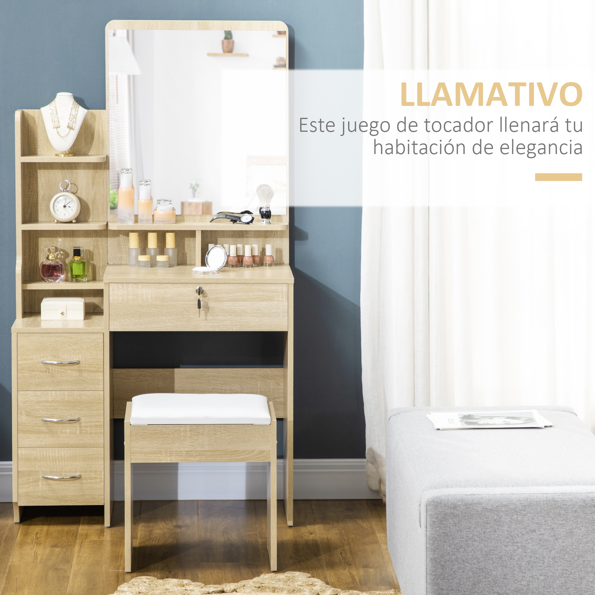 Un tocador de madera con espejo, cajones y taburete.