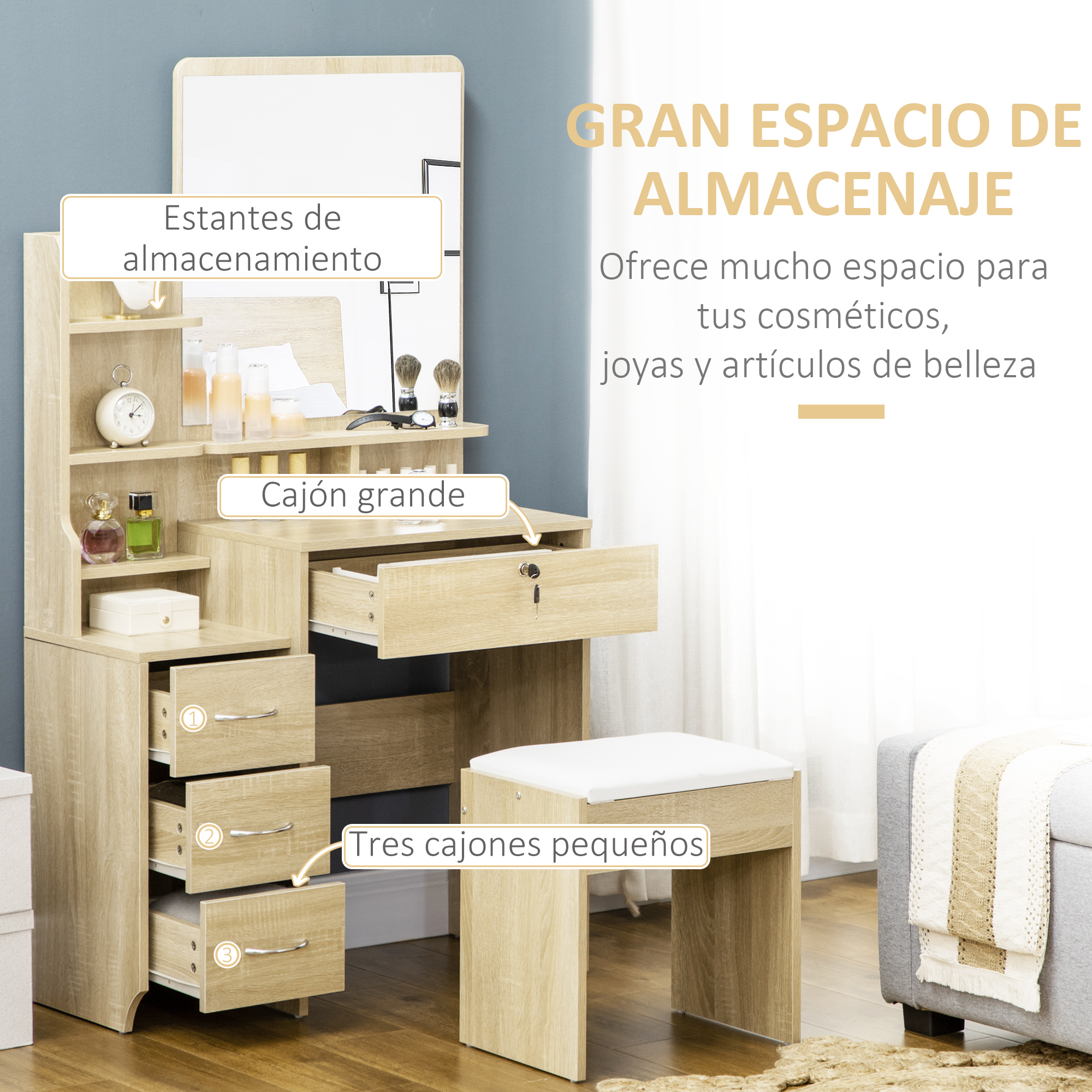 Tocador de madera con espejo, cajones, estantes y taburete. Almacenamiento.