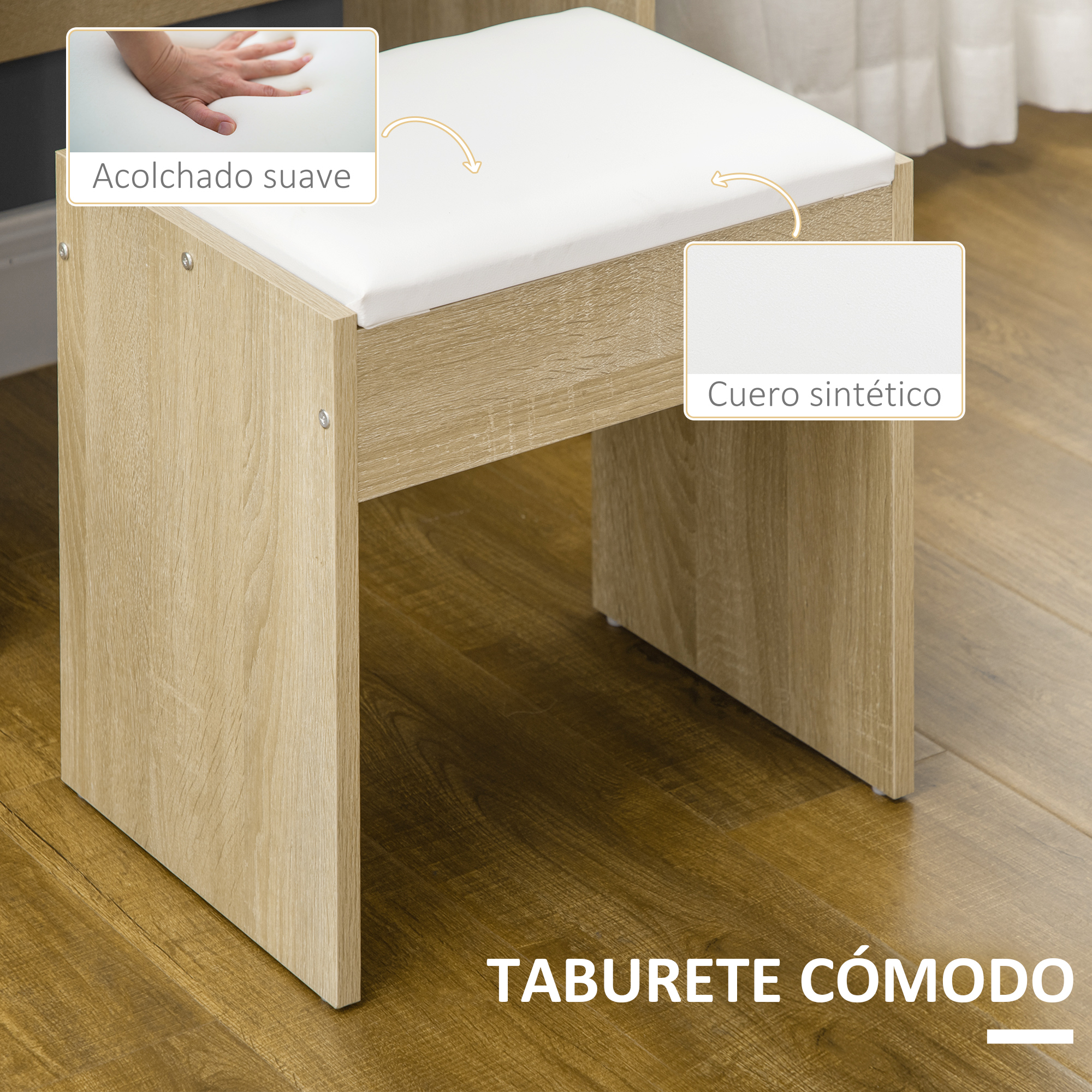 Un taburete de tocador de madera con cojín blanco de piel sintética.