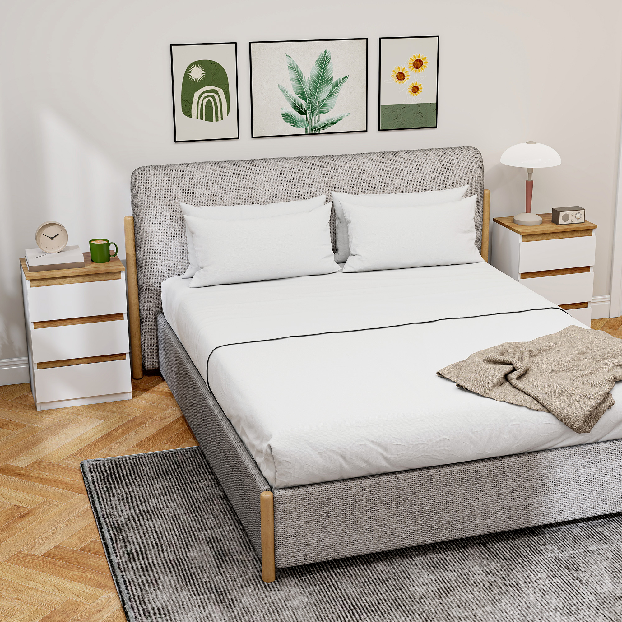 Un dormitorio con cama, mesitas de noche, lámparas y arte en la pared.