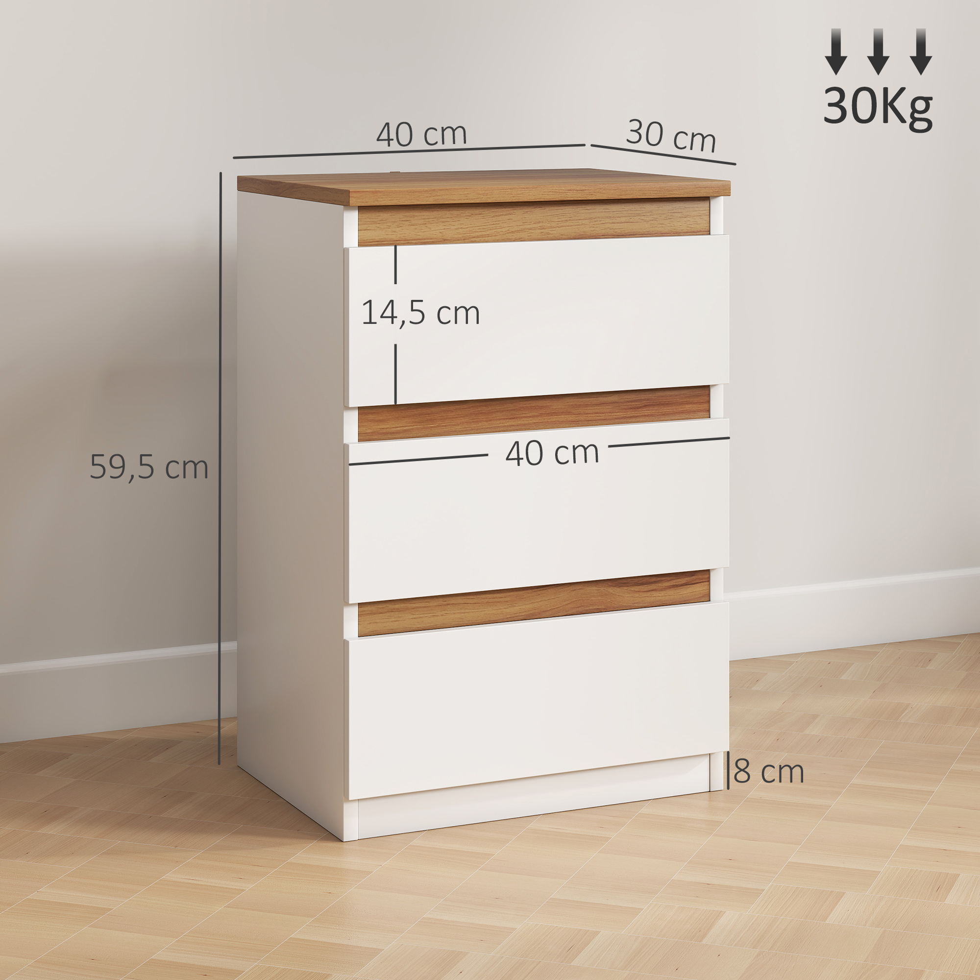 Cómoda blanca con detalles en madera, dimensiones indicadas, carga máxima 30kg.