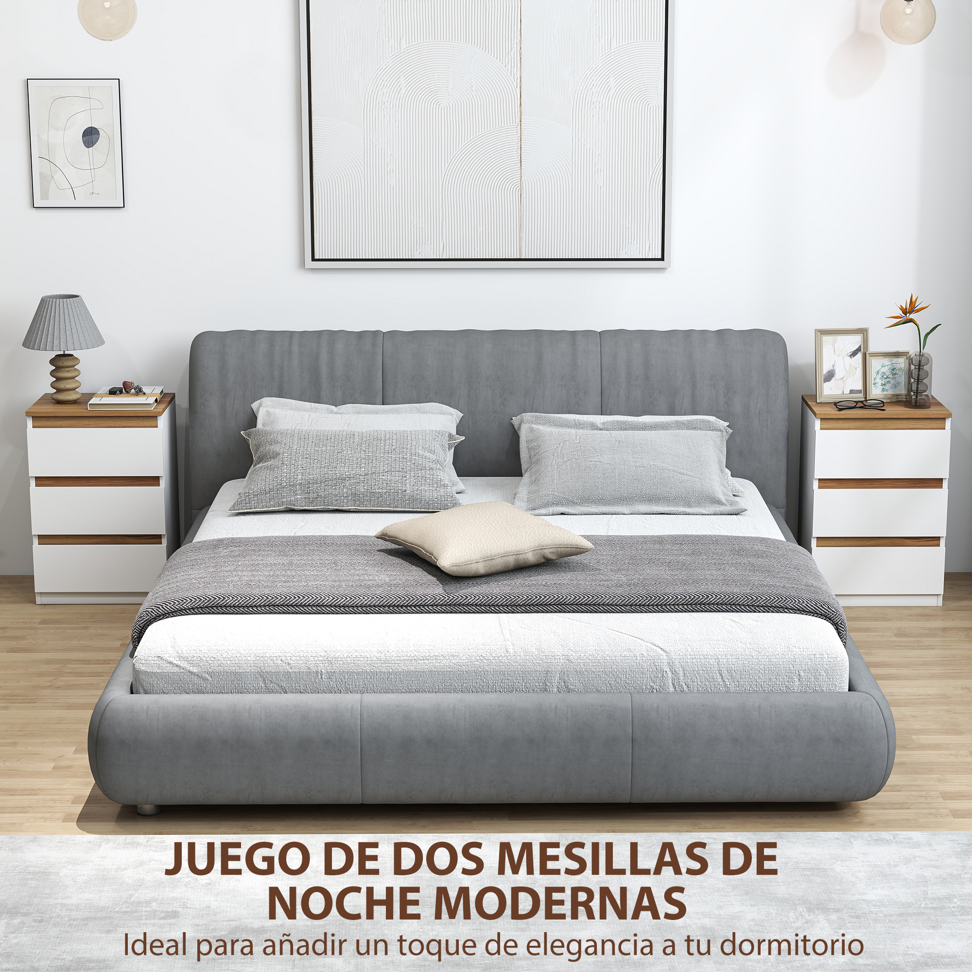 Un dormitorio moderno con cama gris, mesitas y arte en la pared.