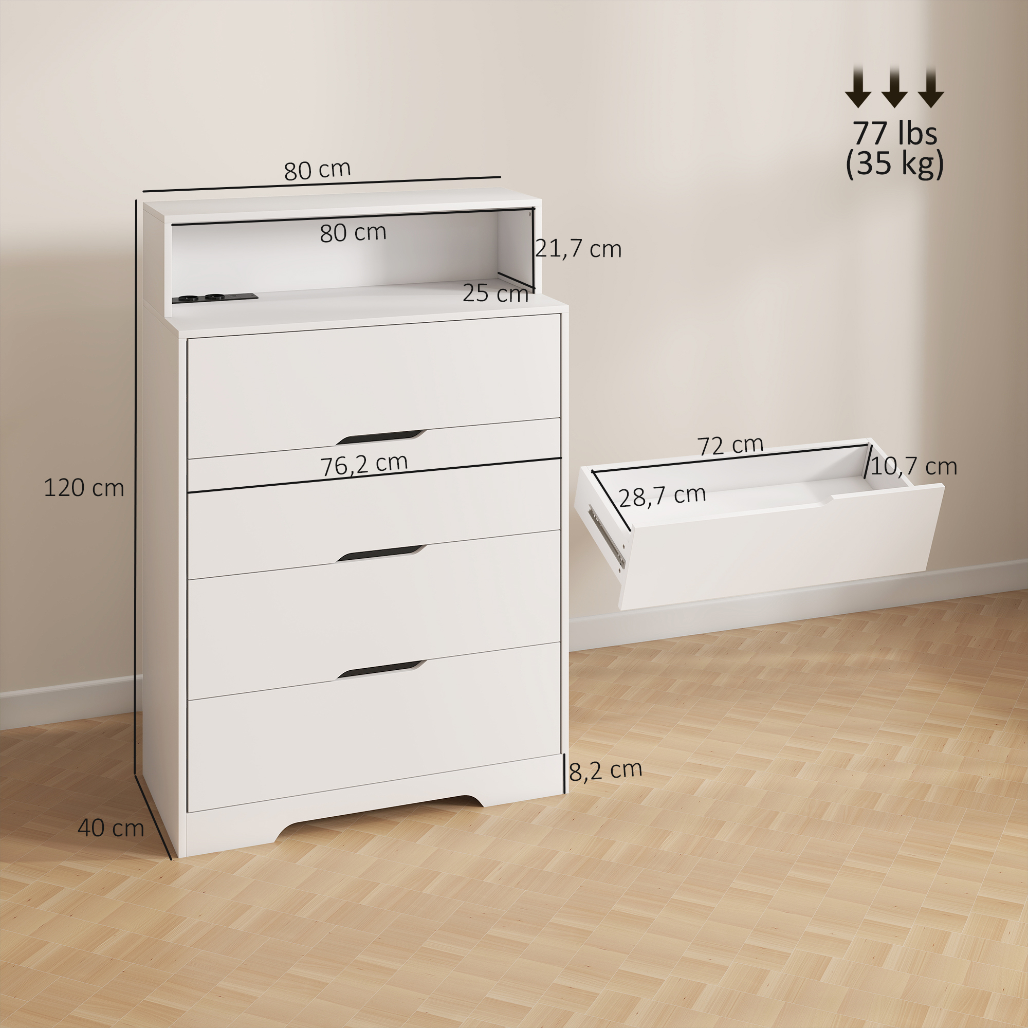 Cómoda blanca con cuatro cajones y estante superior abierto. Dimensiones etiquetadas.