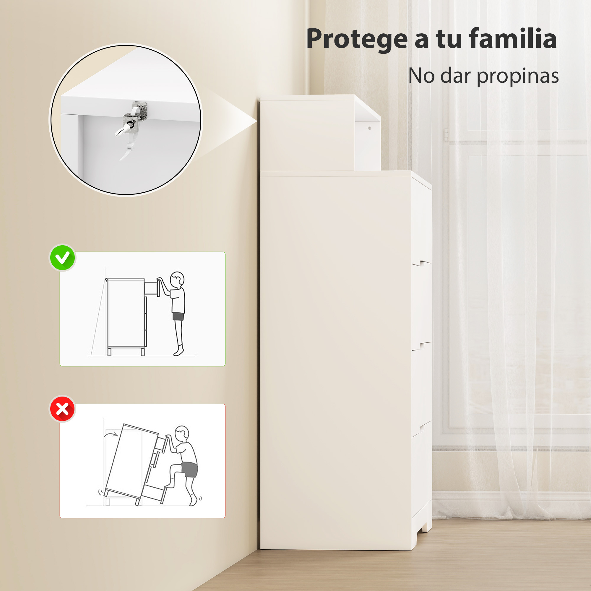 Un mueble blanco con un cierre de seguridad y dos ilustraciones para seguridad infantil.
