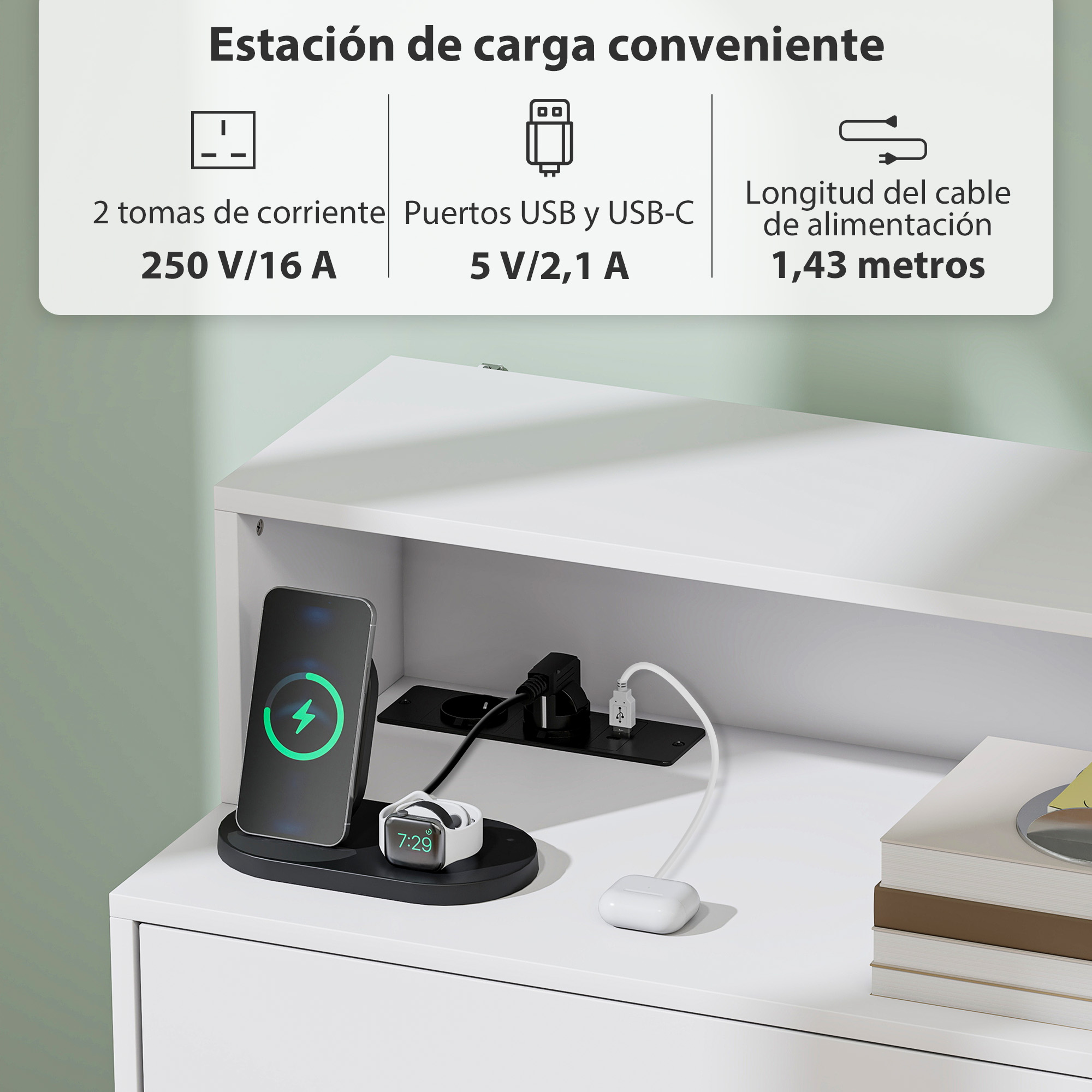 Estación de carga con móvil, reloj, auriculares y enchufes.