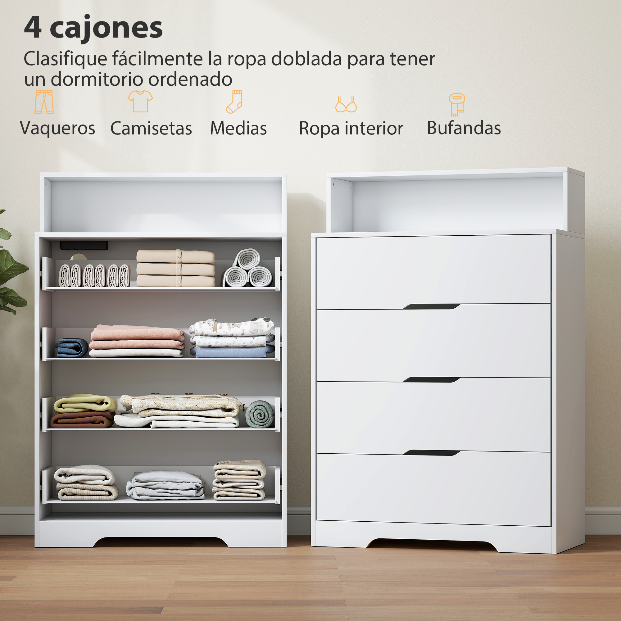 Estantería blanca con ropa doblada y cómoda blanca con cajones.