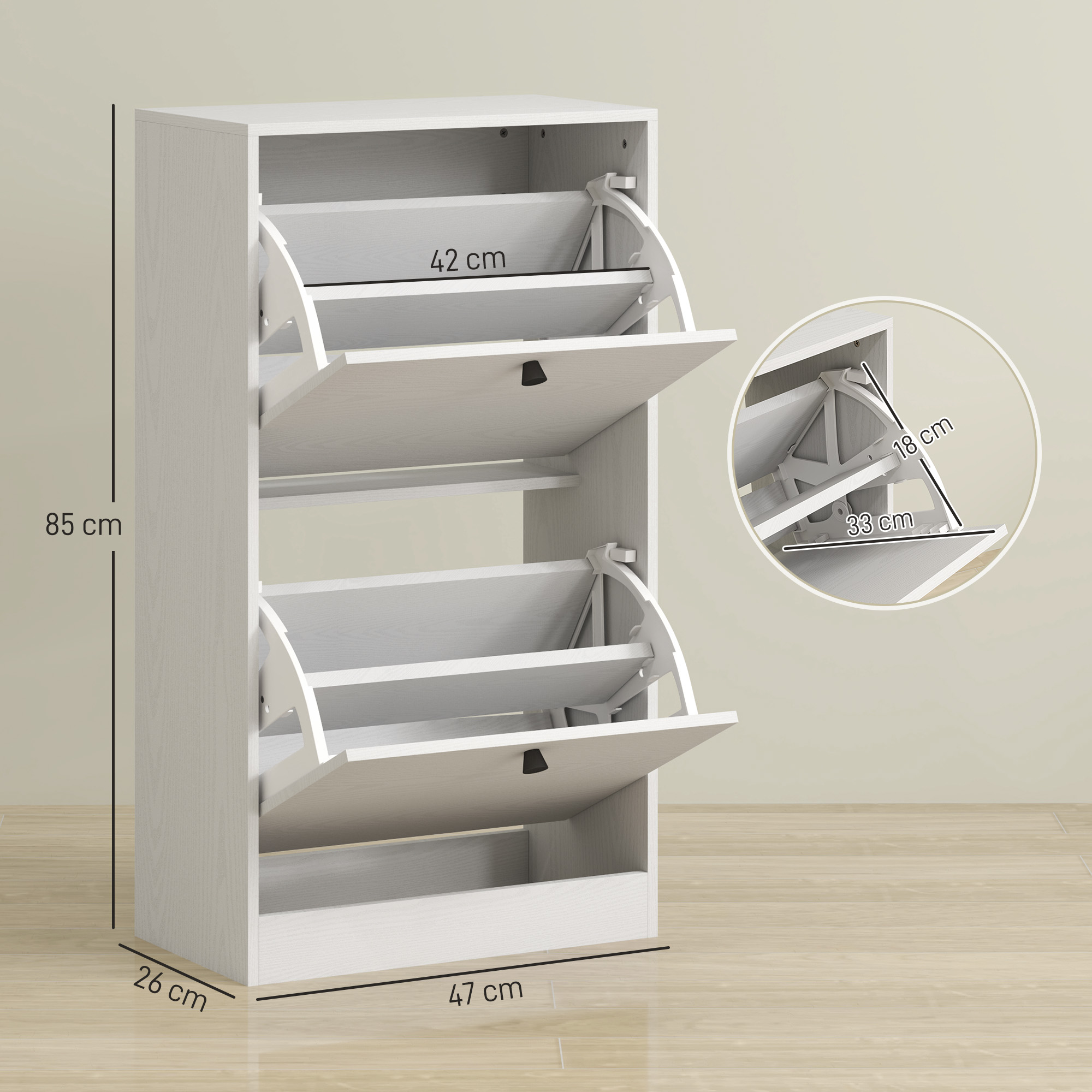Mueble zapatero blanco con 3 cajones abatibles. Dimensiones: 85x47x26 cm.