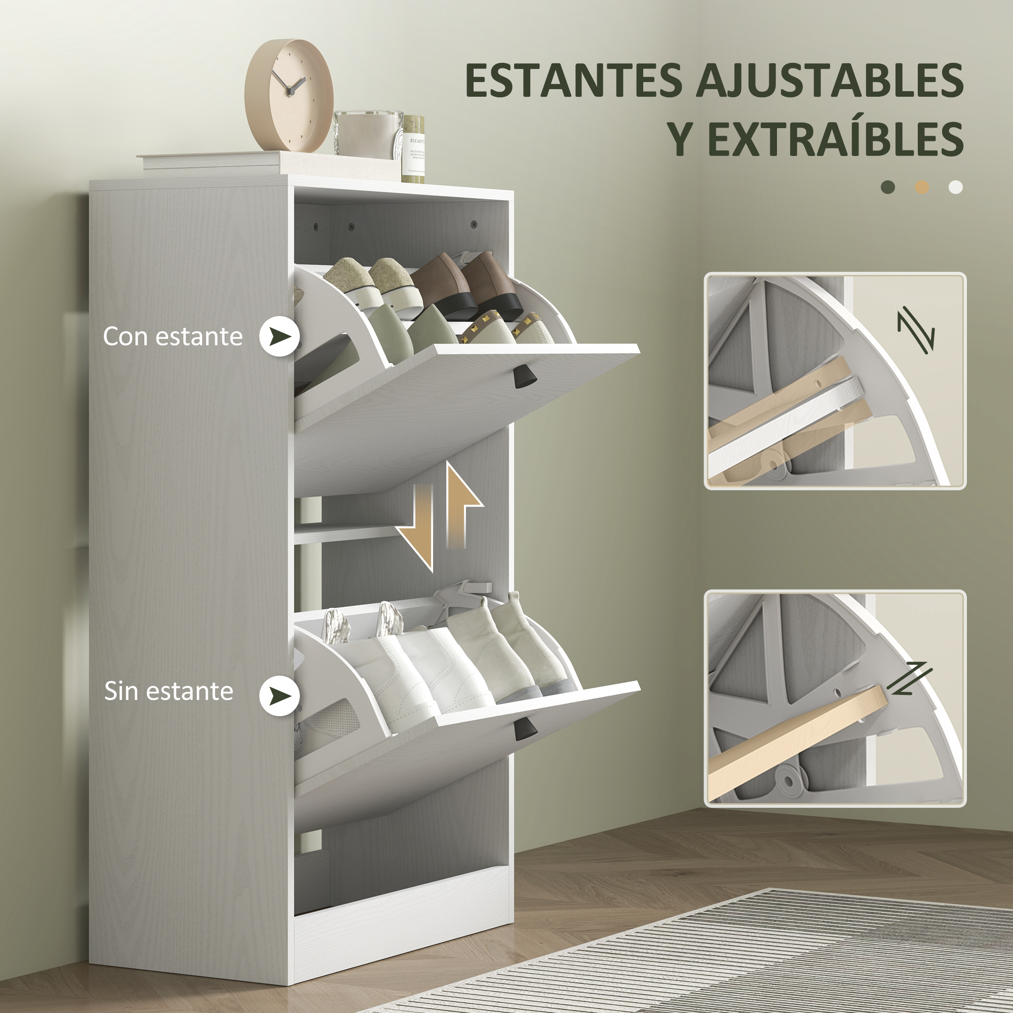 Zapatero blanco con estantes extraíbles, lleno de zapatos. Primer plano del mecanismo.