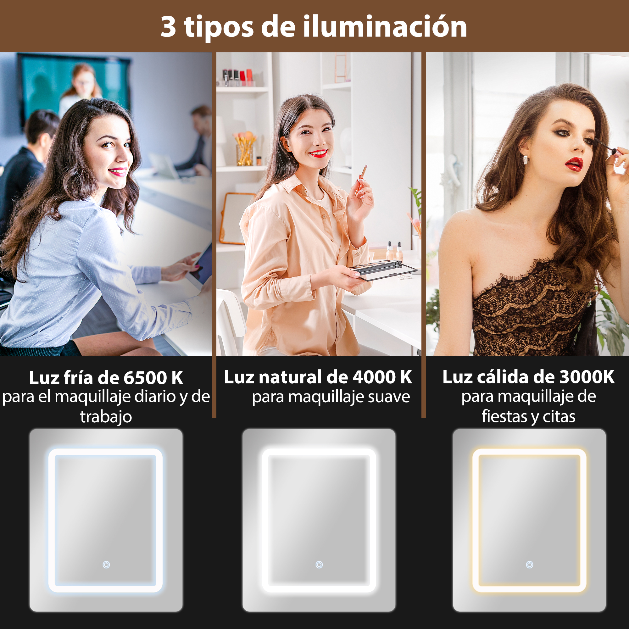 Tres mujeres muestran tipos de iluminación: luz fría para trabajo, luz natural para maquillaje, luz cálida.