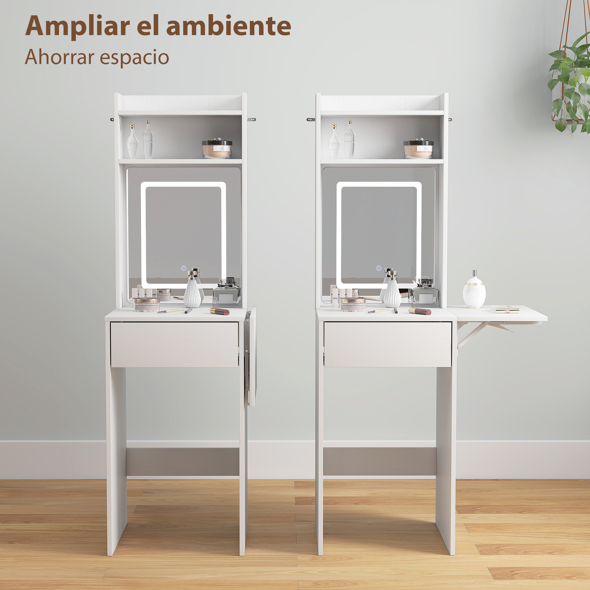 Dos tocadores blancos con espejos iluminados y cosméticos.