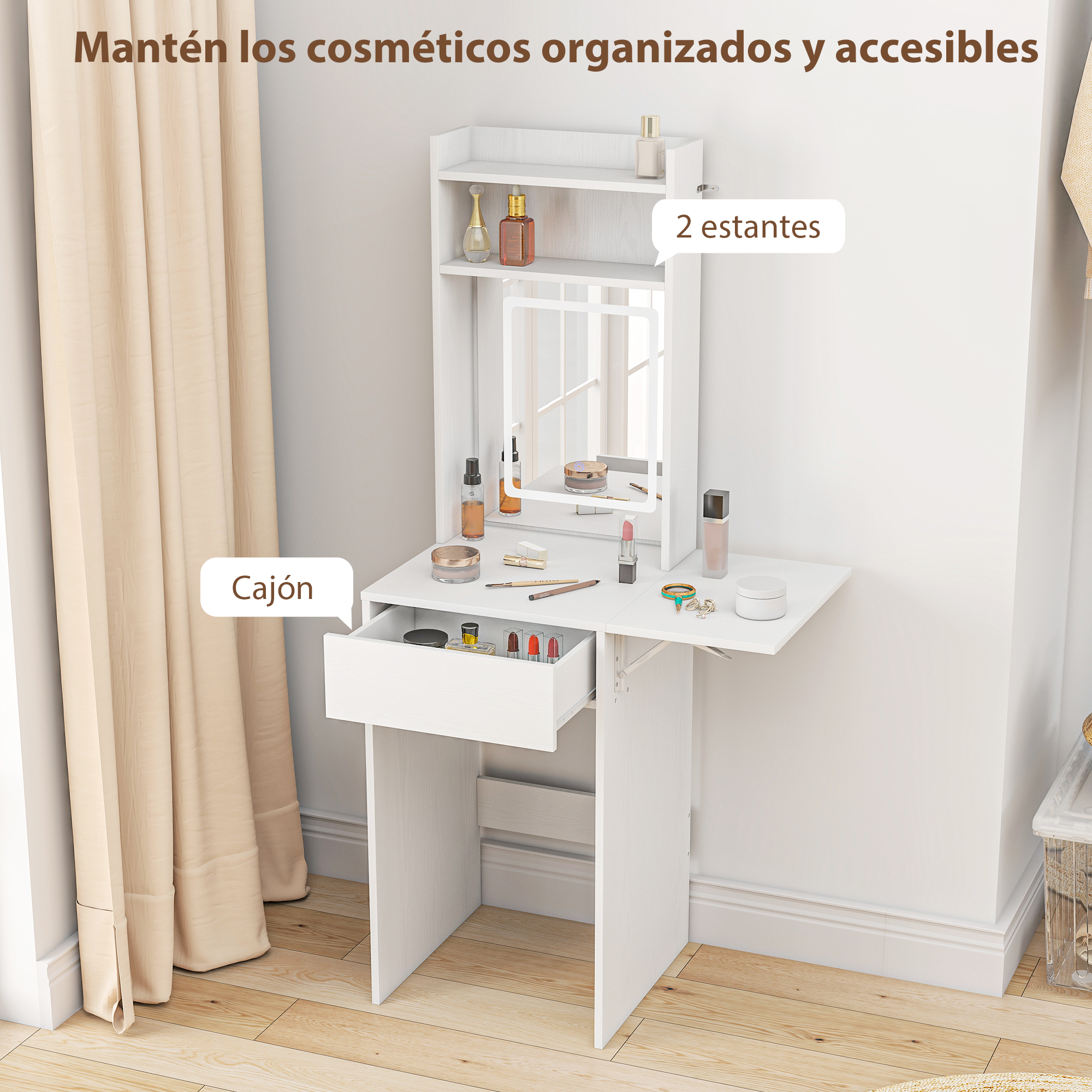 Un tocador blanco con espejo, cajón y cosméticos.