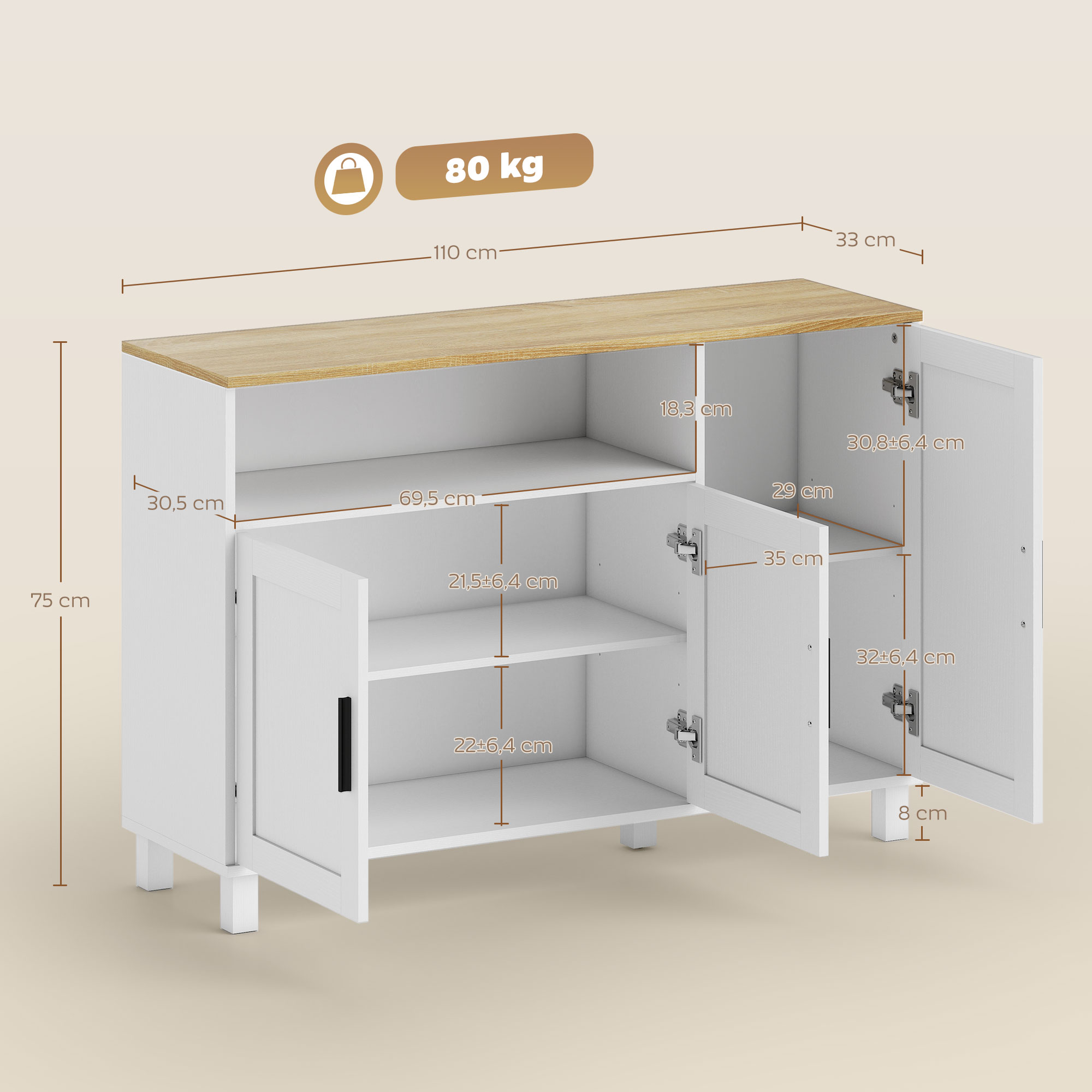 Un armario blanco con tapa de madera, se indican las medidas.