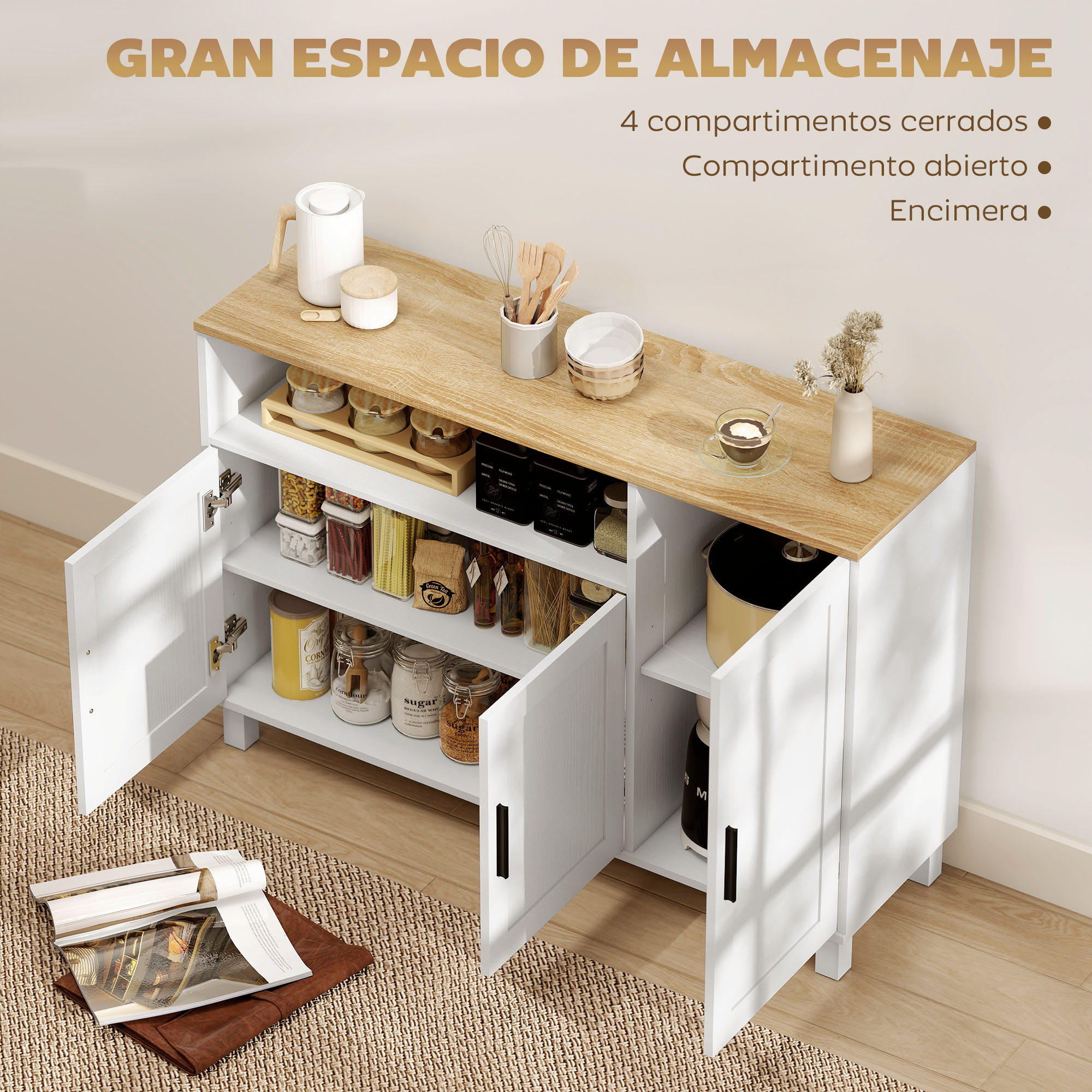 Un armario blanco con detalles de madera, lleno de alimentos y utensilios.