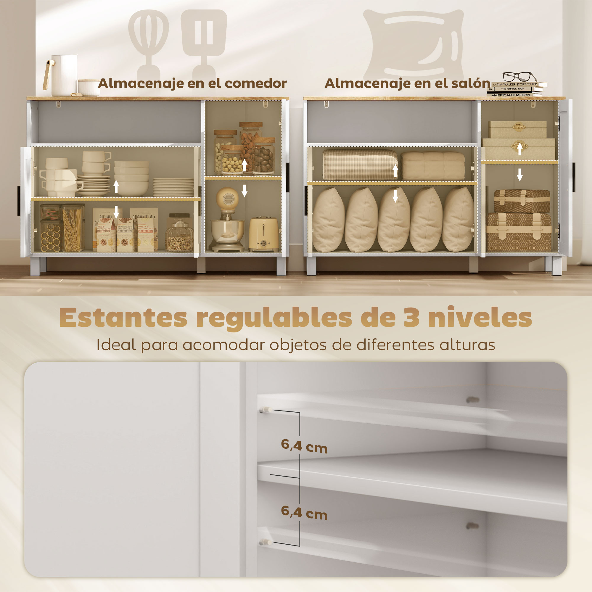 Un armario blanco con estantes que muestran platos, alimentos y cojines.