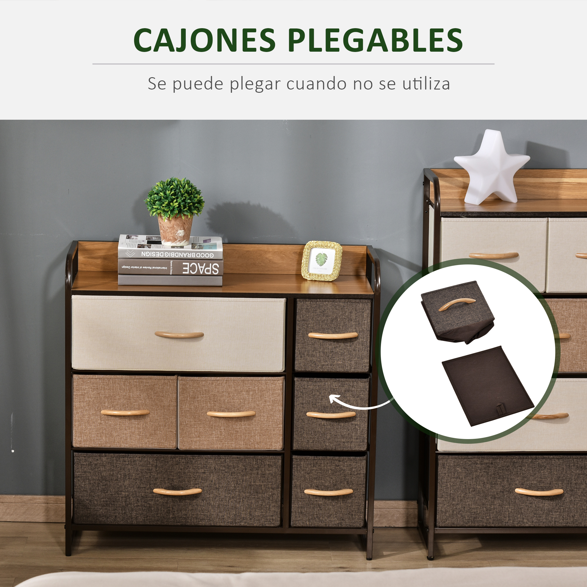 Mueble de almacenamiento con cajones de tela en tonos marrones y tiradores de madera.