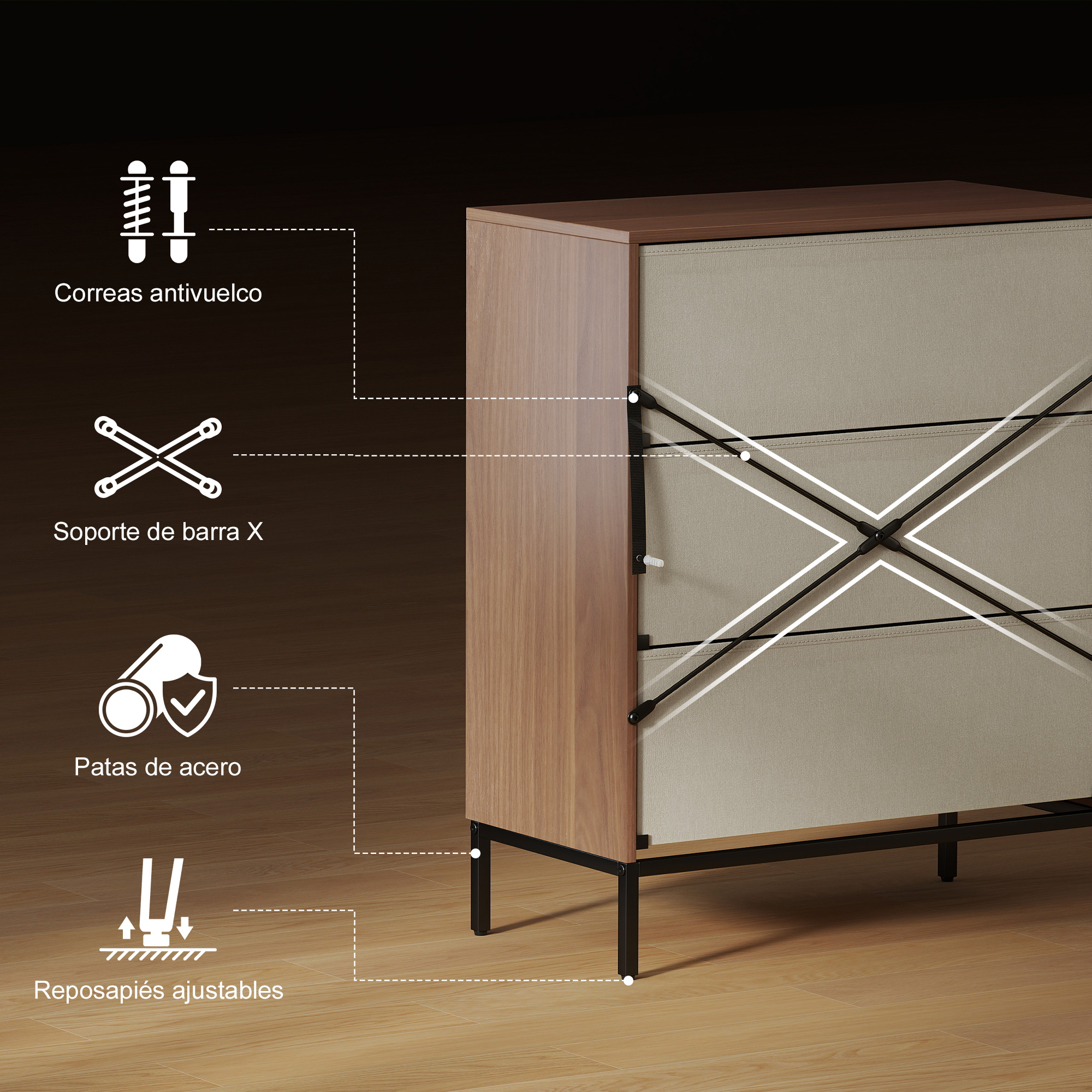 Cómoda de madera con cajones de tela, soporte X y patas metálicas.
