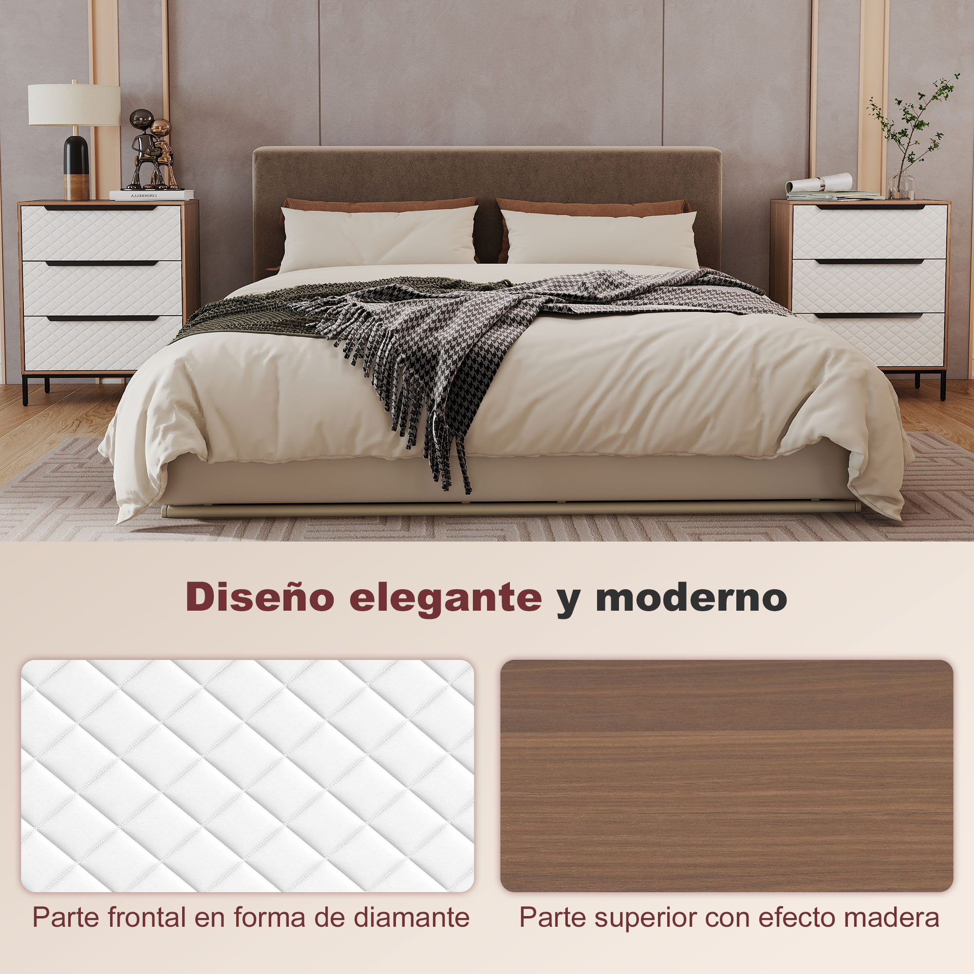 Un dormitorio con una cama grande, mesitas de noche y decoración de pared.