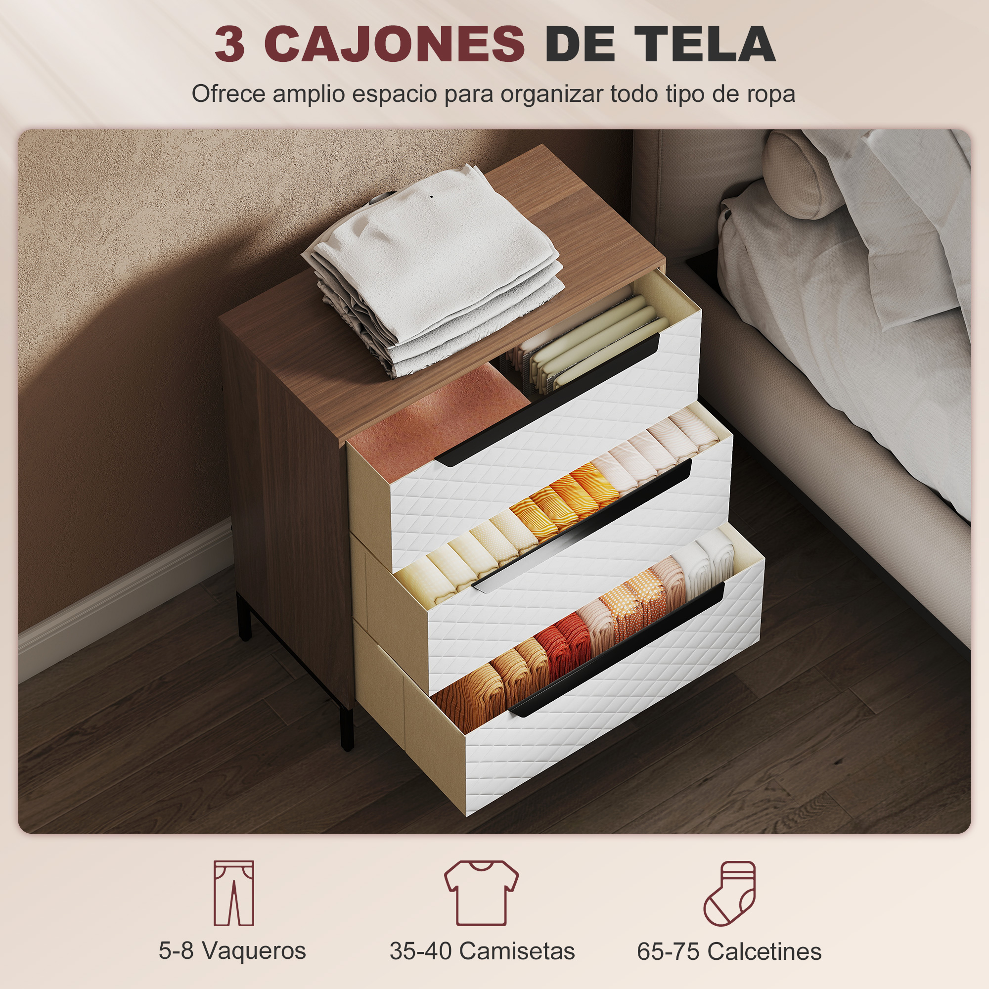 Cajonera de tela con ropa organizada: pantalones, camisetas, calcetines