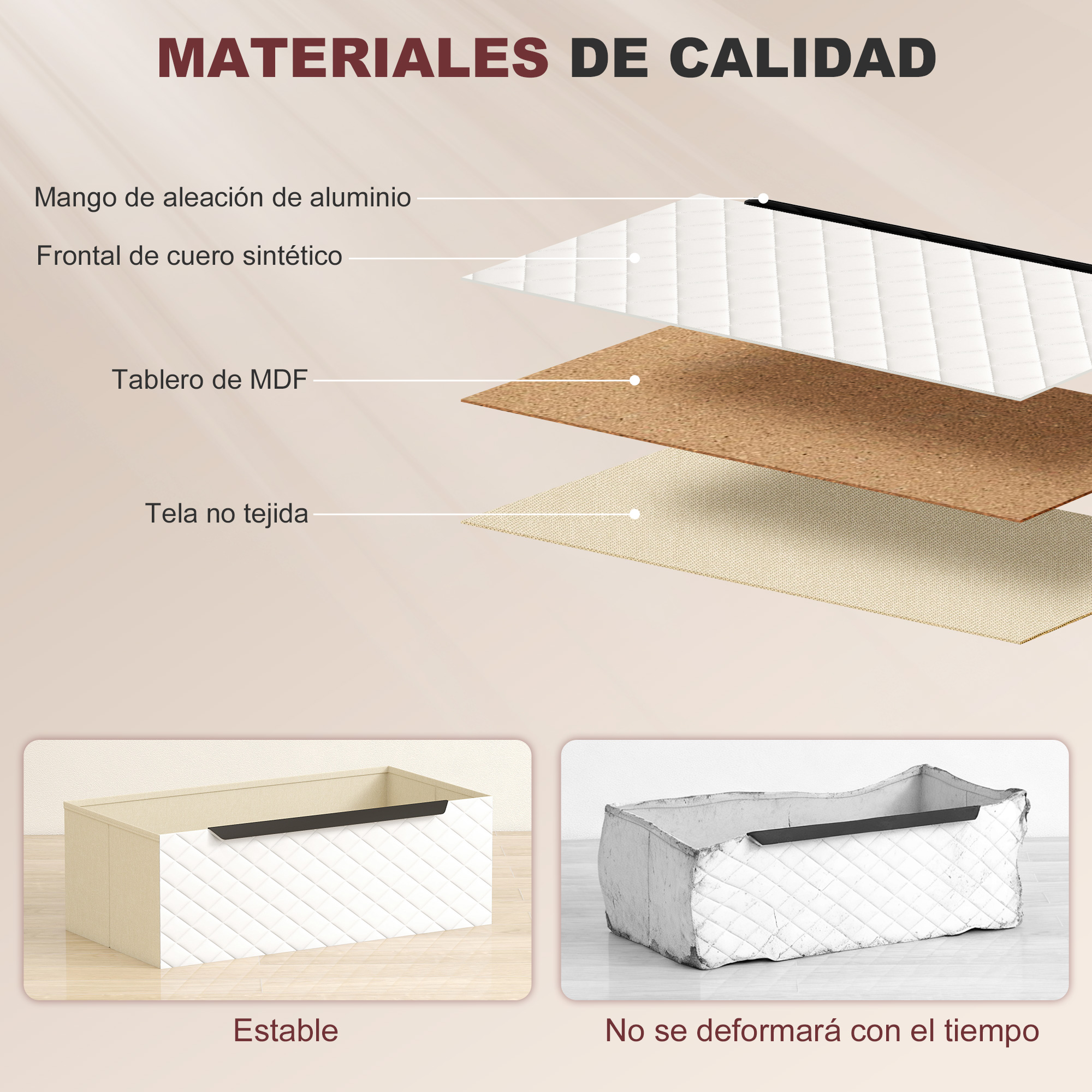 Vista explosionada de cubo de almacenaje mostrando capas de material y dos vistas.